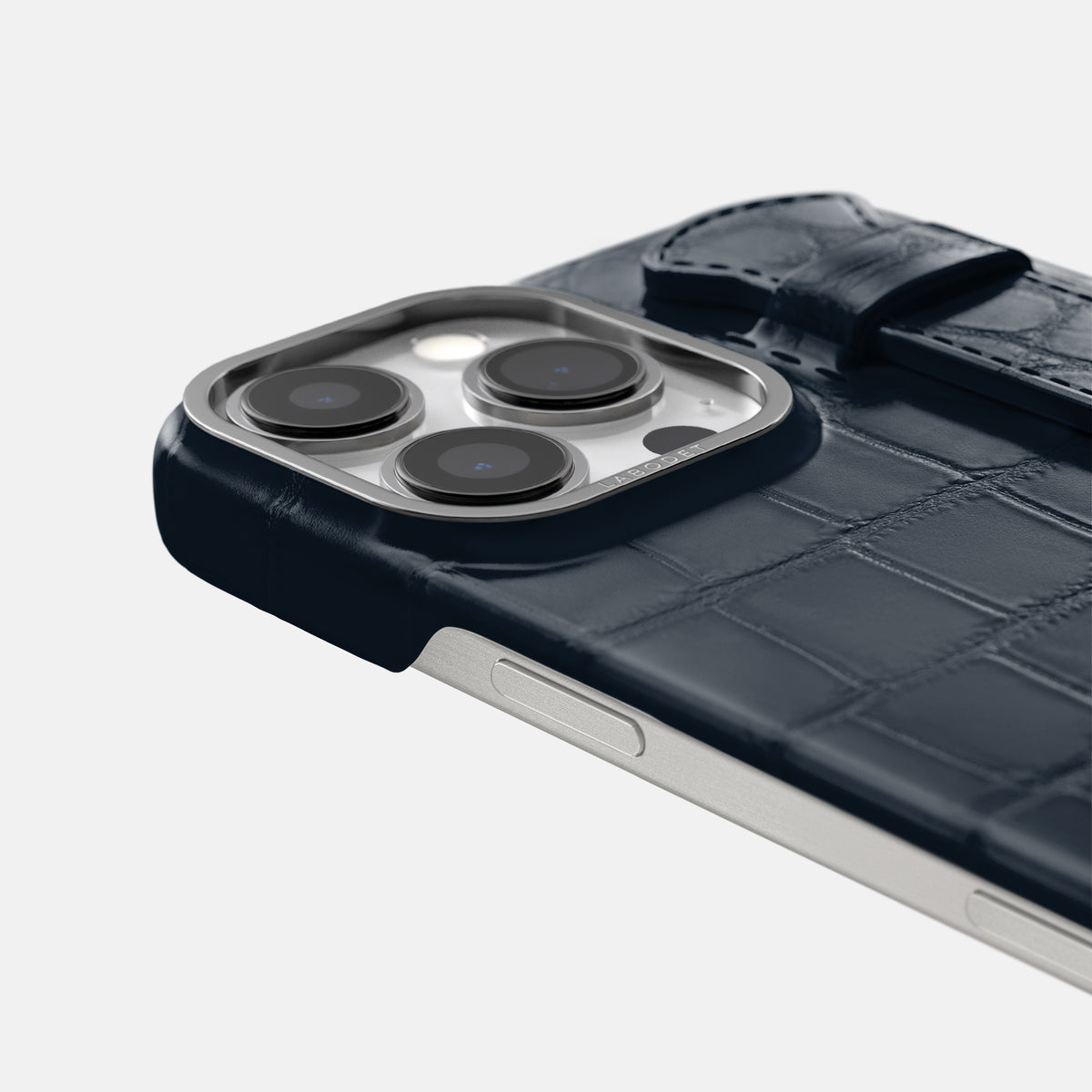 Navy Blue iPhone 16 Pro Max Handle Case Alligator with Steel Metal -5 | Navy-Blue-Steel