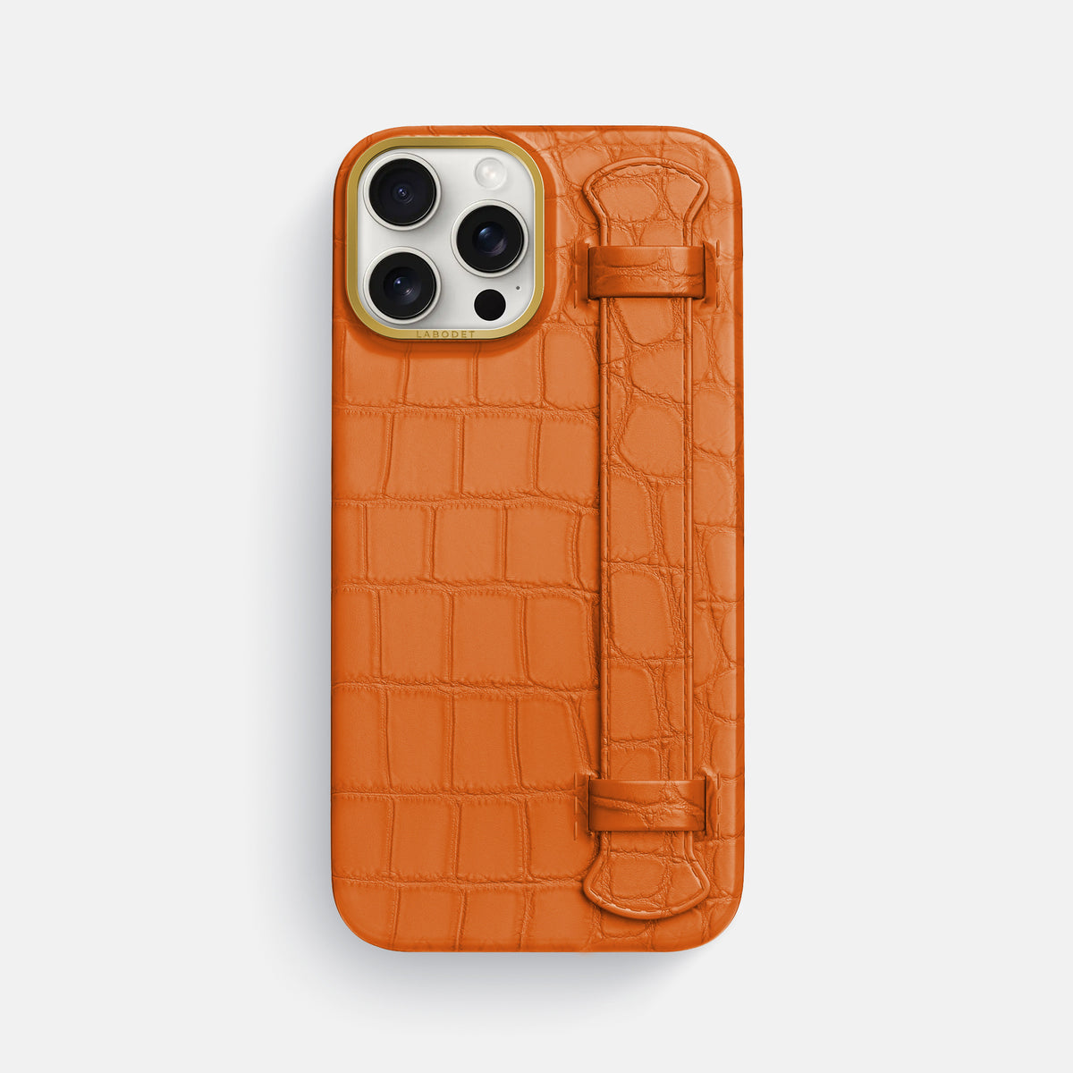 Orange iPhone 16 Pro Max Handle Case In Alligator with Gold Metal -1 | Orange-Gold