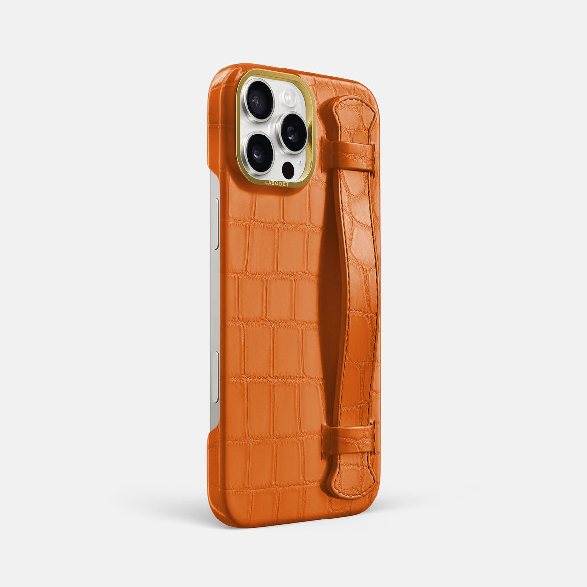 Orange iPhone 16 Pro Max Handle Case In Alligator with Gold Metal -2 | Orange-Gold