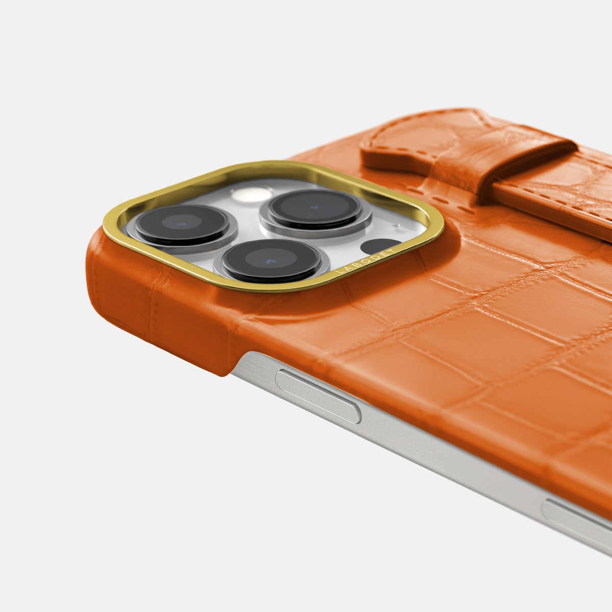 Orange iPhone 16 Pro Max Handle Case In Alligator with Gold Metal -5 | Orange-Gold