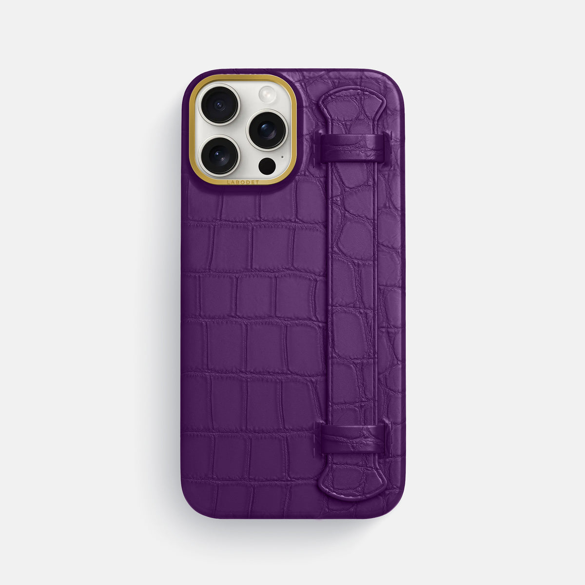 Purple iPhone 16 Pro Max Handle Case In Alligator with Gold Metal -1 | Purple-Gold