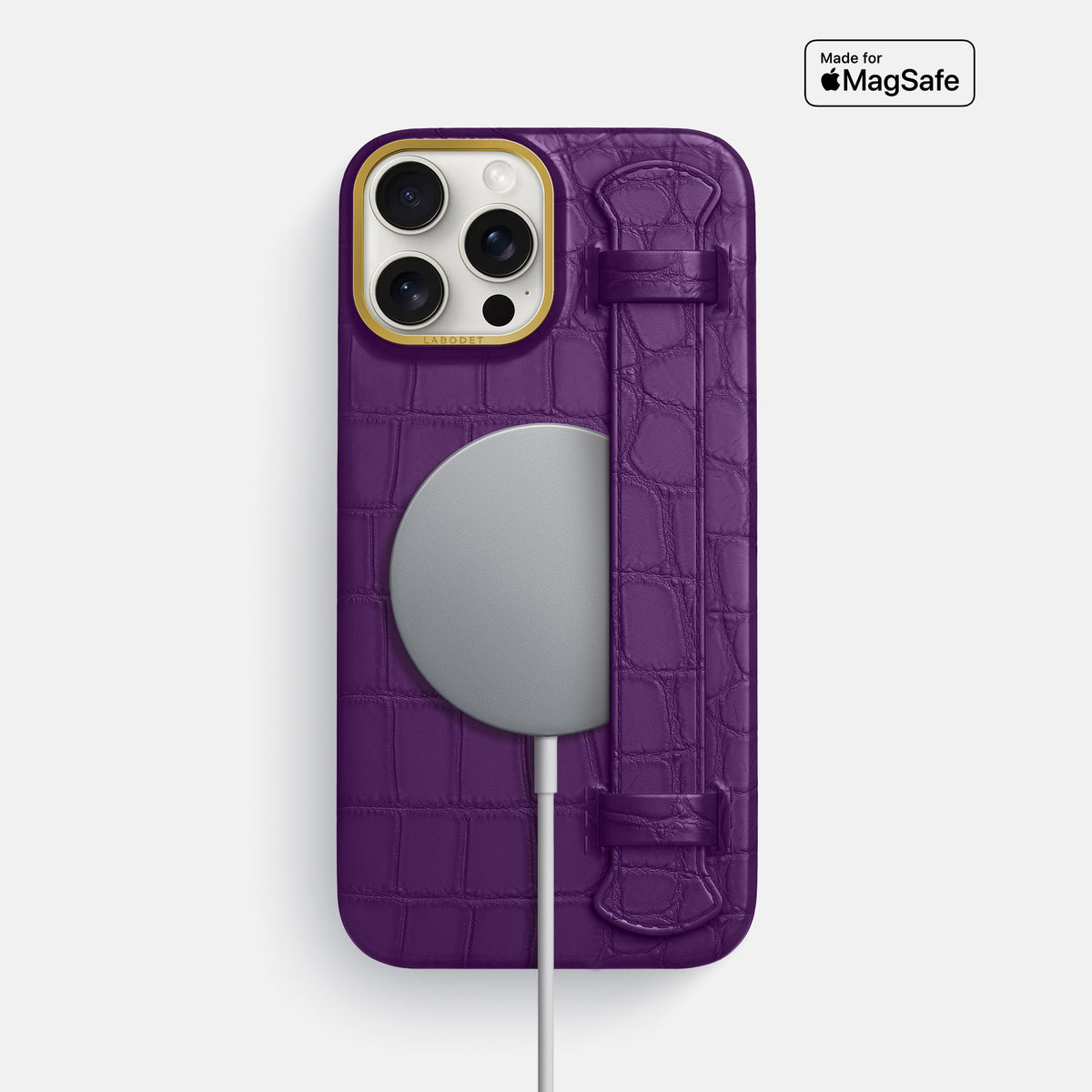 Purple iPhone 16 Pro Max Handle Case In Alligator with Gold Metal -4 | Purple-Gold