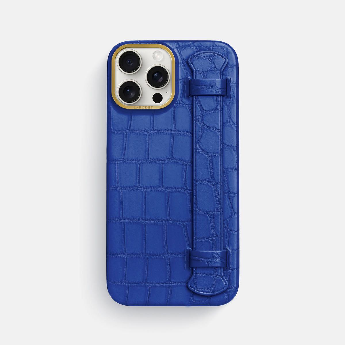 Royal Blue iPhone 16 Pro Max Handle Case In Alligator with Gold Metal -1 | Royal-Blue-Gold