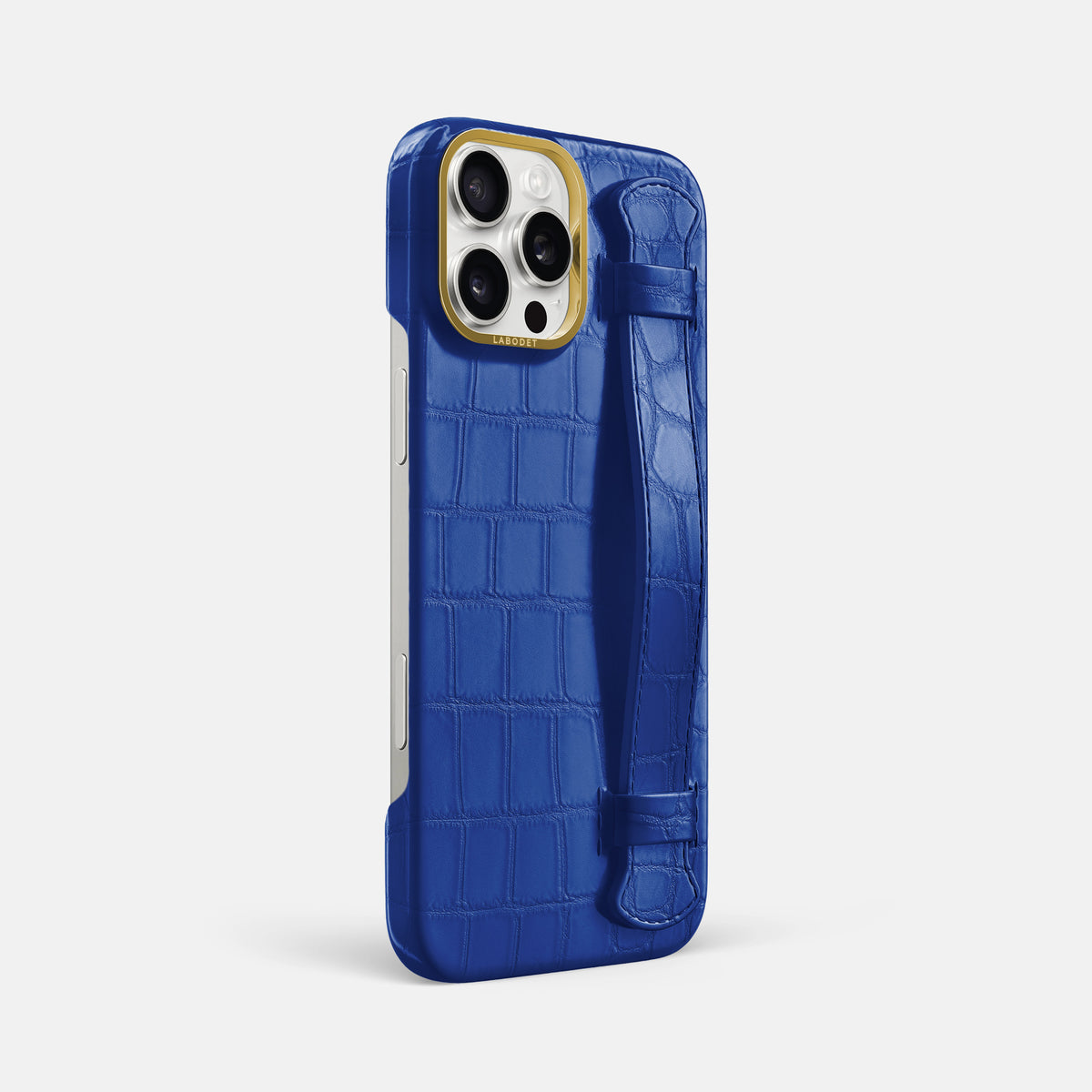 Royal Blue iPhone 16 Pro Max Handle Case In Alligator with Gold Metal -2 | Royal-Blue-Gold