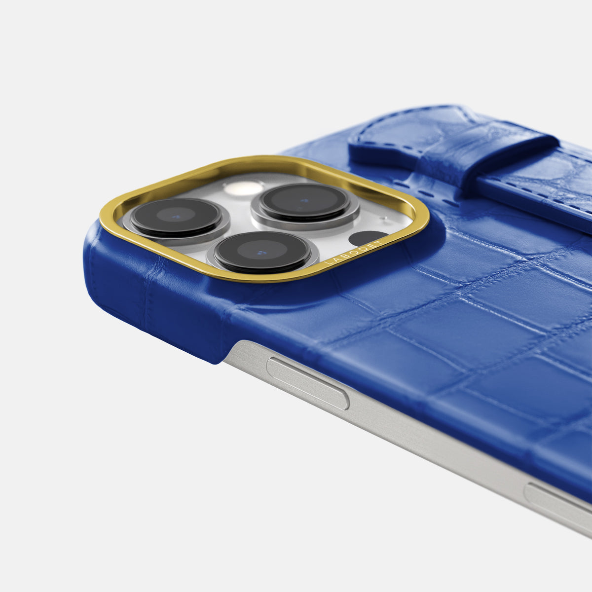 Royal Blue iPhone 16 Pro Max Handle Case In Alligator with Gold Metal -5 | Royal-Blue-Gold