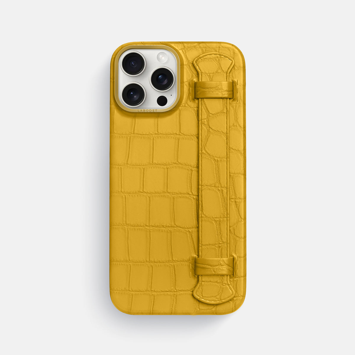 Yellow iPhone 16 Pro Max Handle Case In Alligator with Gold Metal -1 | Yellow-Gold