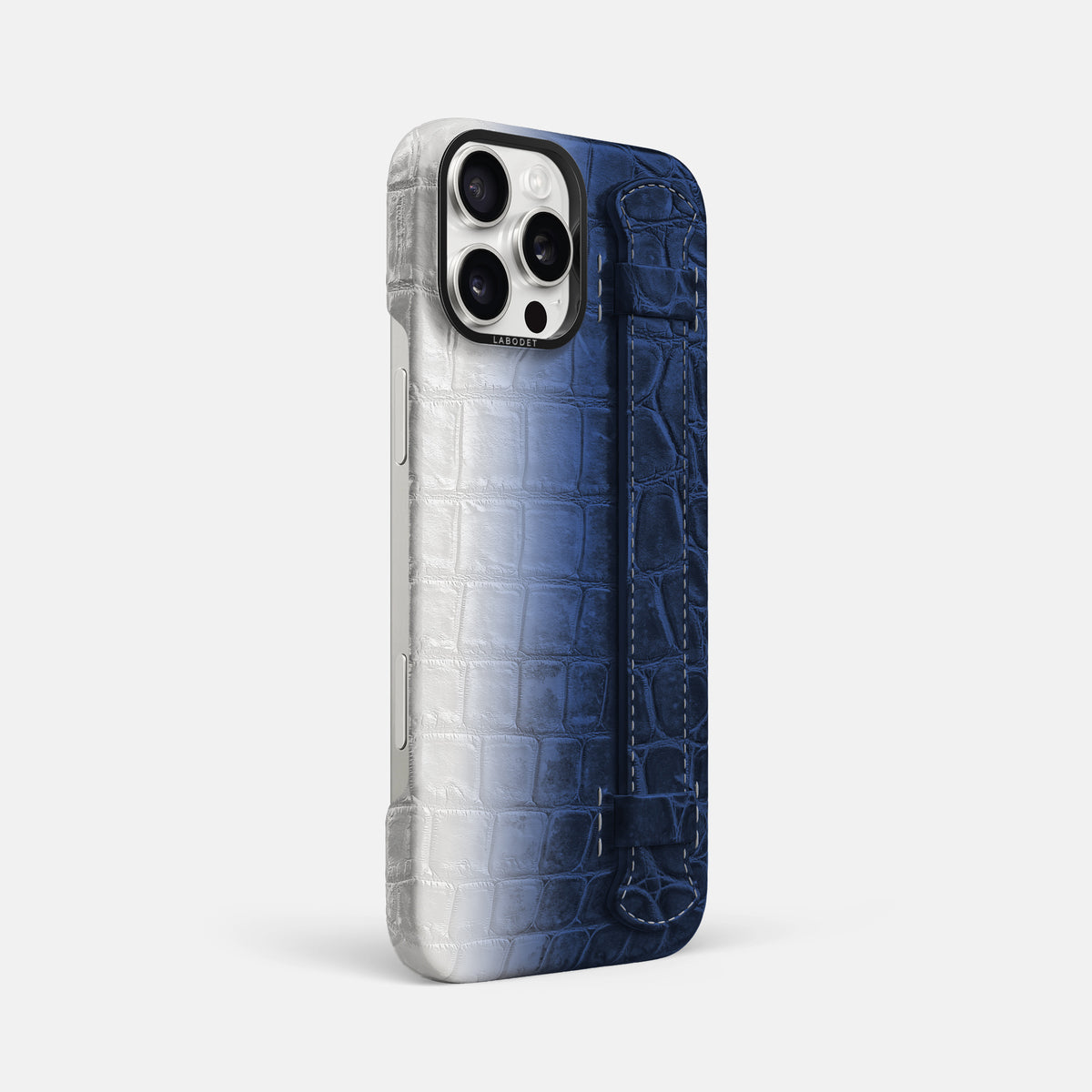 Navy Blue iPhone 16 Pro Max Handle Case Himalayan Crocodile with Black Metal -2 | Navy-Blue-Black