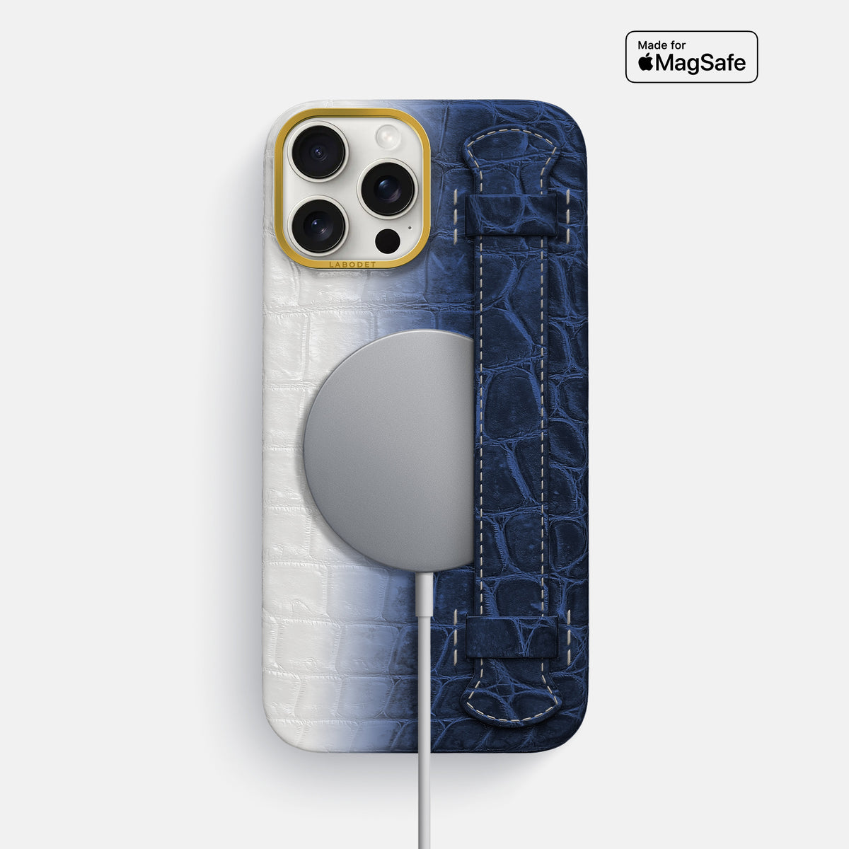 Navy Blue iPhone 16 Pro Max Center Handle Himalayan Crocodile with Gold Metal -5 | Navy-Blue-Gold