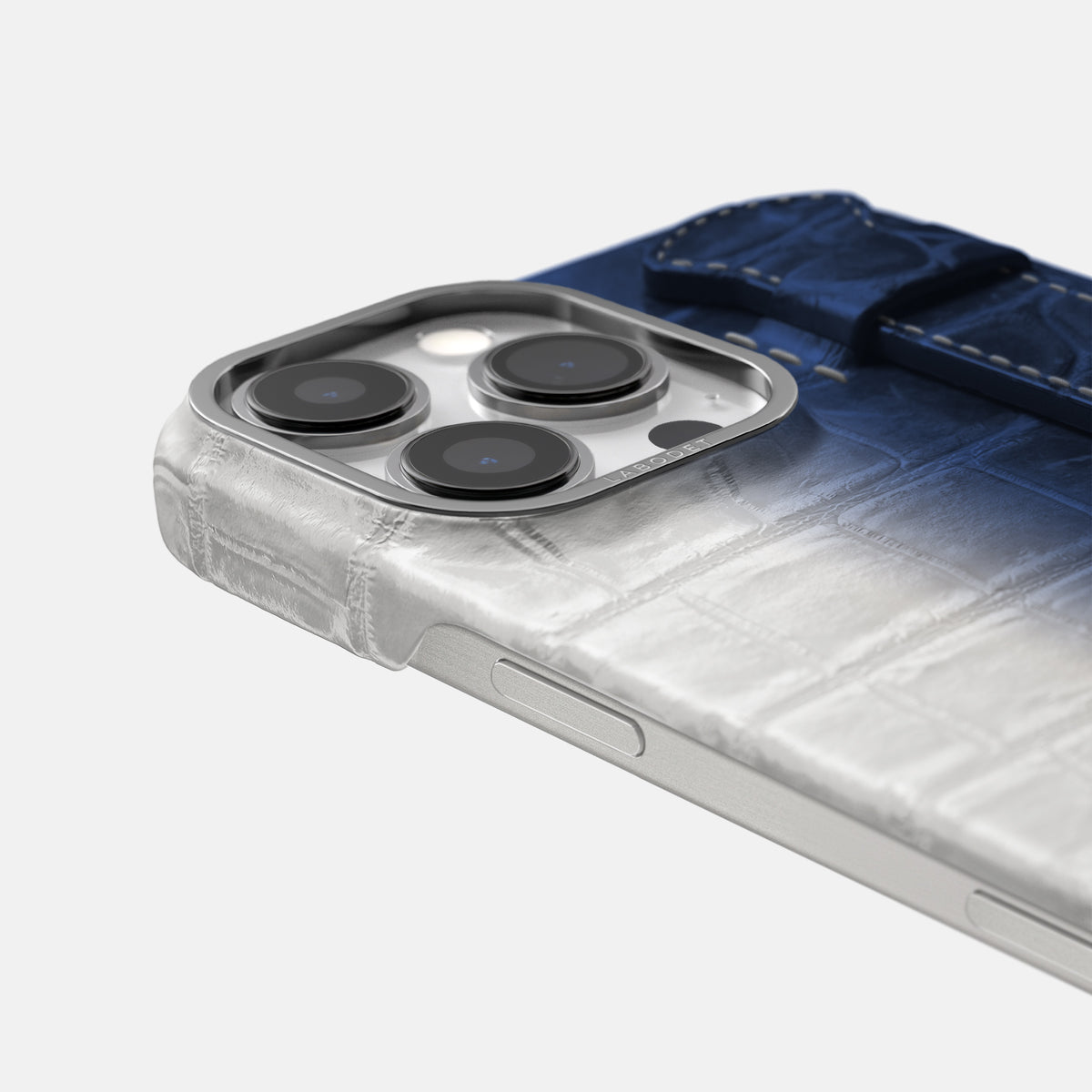 Navy Blue iPhone 16 Pro Max Handle Case Himalayan Crocodile with Steel Metal -6 | Navy-Blue-Steel