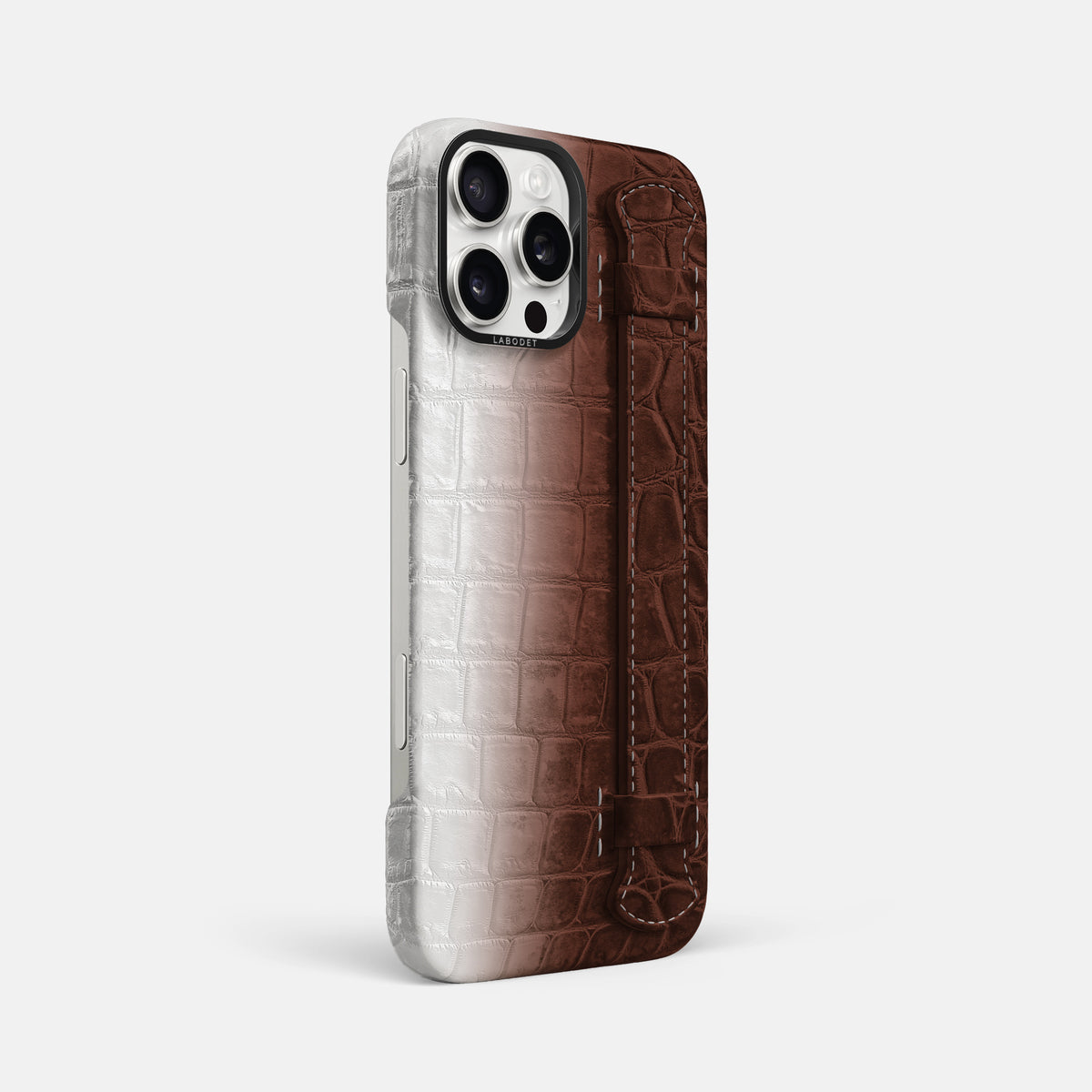 Dark Brown iPhone 16 Pro Max Handle Case Himalayan Crocodile with Black Metal -2 | Dark-Brown-Black