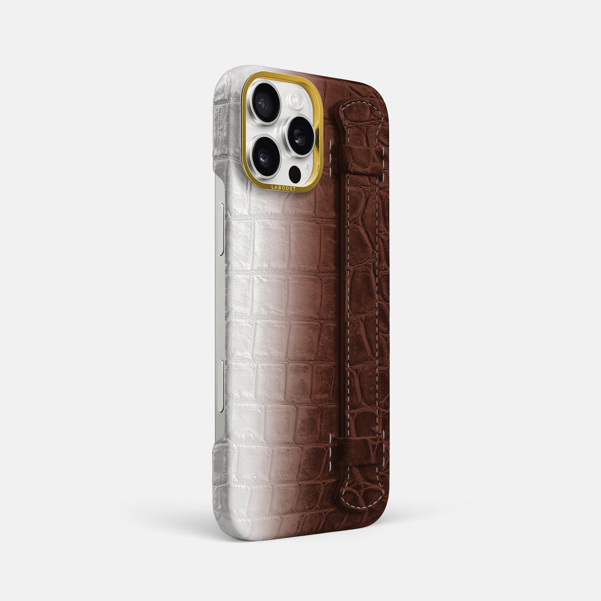 Dark Brown iPhone 16 Pro Max Center Handle Himalayan Crocodile with Gold Metal -2 | Dark-Brown-Gold