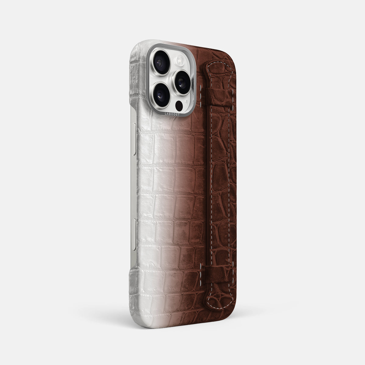 Dark Brown iPhone 16 Pro Max Handle Case Himalayan Crocodile with Steel Metal -2 | Dark-Brown-Steel