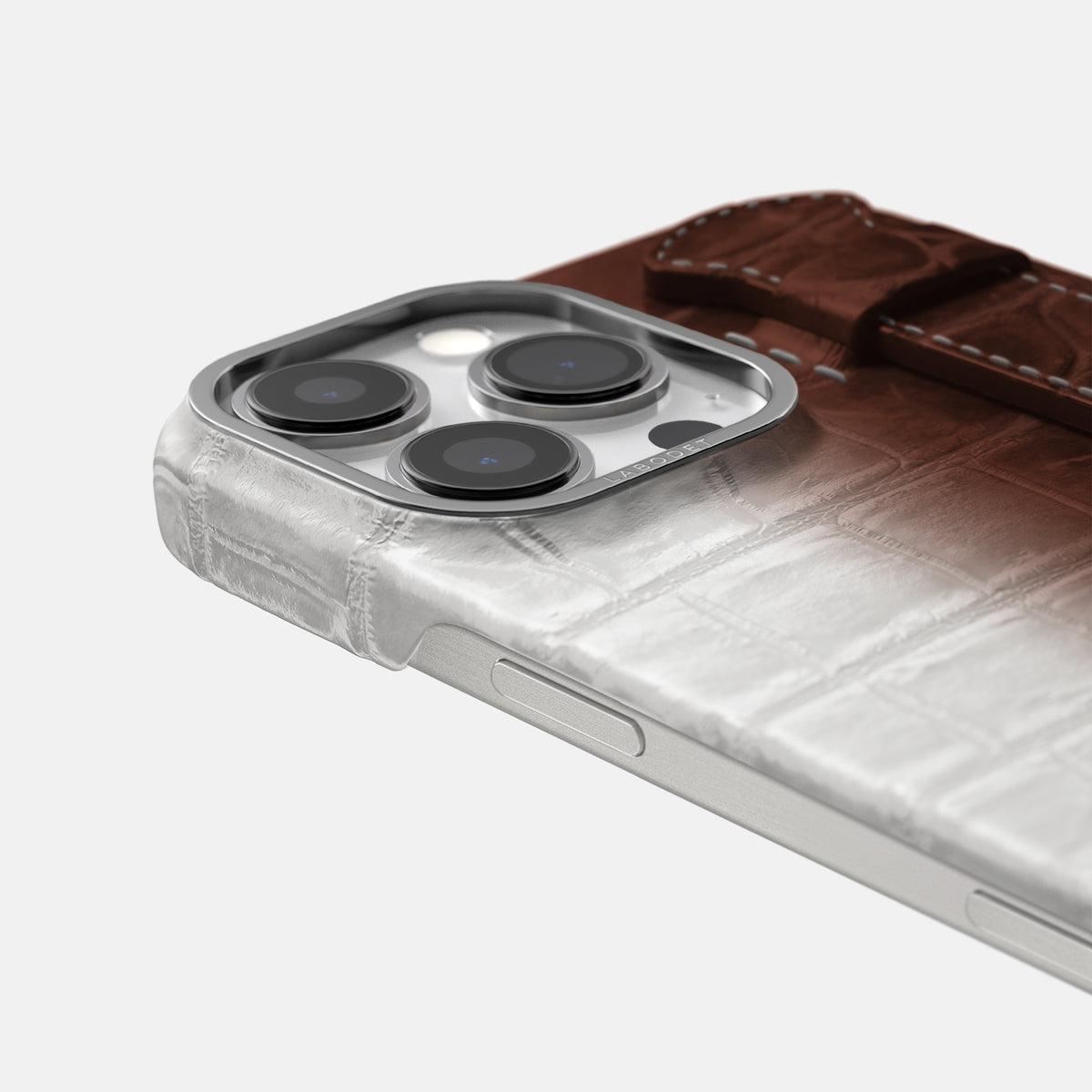 Dark Brown iPhone 16 Pro Max Handle Case Himalayan Crocodile with Steel Metal -6 | Dark-Brown-Steel