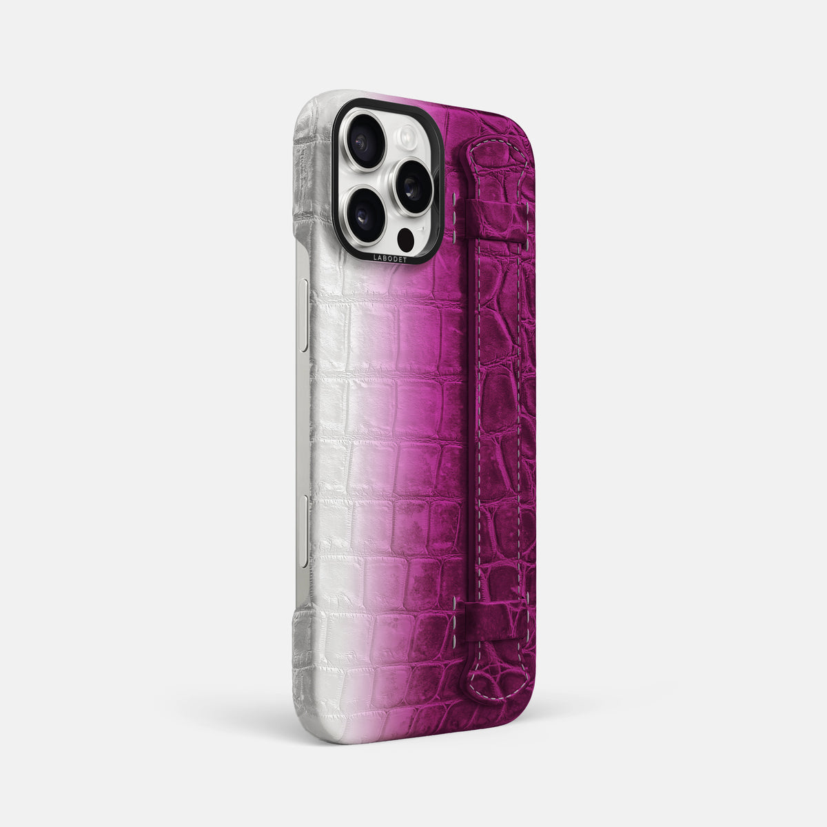 Fuchsia iPhone 16 Pro Max Handle Case Himalayan Crocodile with Black Metal -2 | Fuchsia-Black