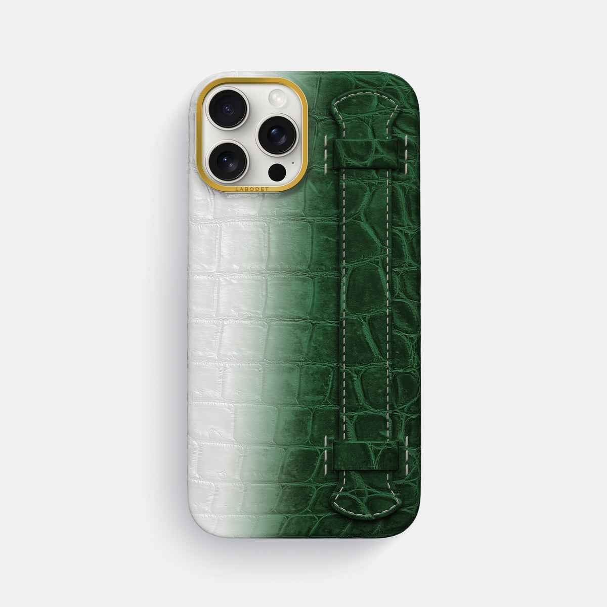 Green iPhone 16 Pro Max Center Handle Himalayan Crocodile with Gold Metal -1 | Green-Gold