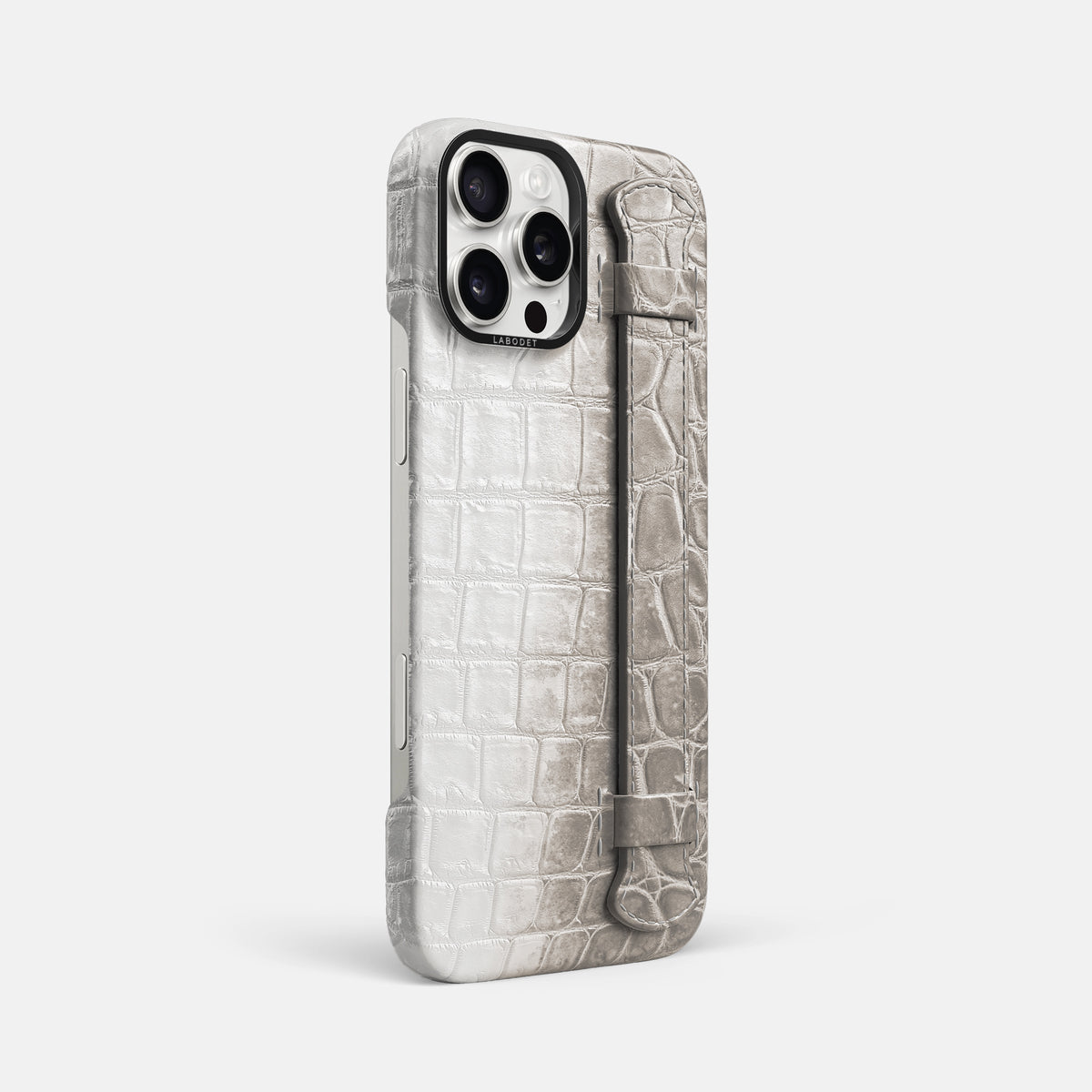 Grey iPhone 16 Pro Max Handle Case Himalayan Crocodile with Black Metal -2 | Grey-Black