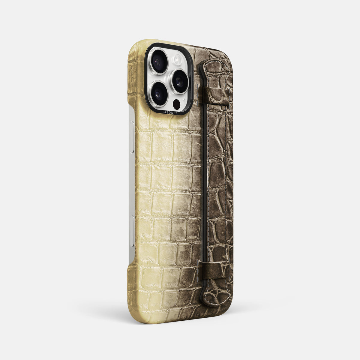 Natural iPhone 16 Pro Max Handle Case Himalayan Crocodile with Black Metal -2 | Natural-Black