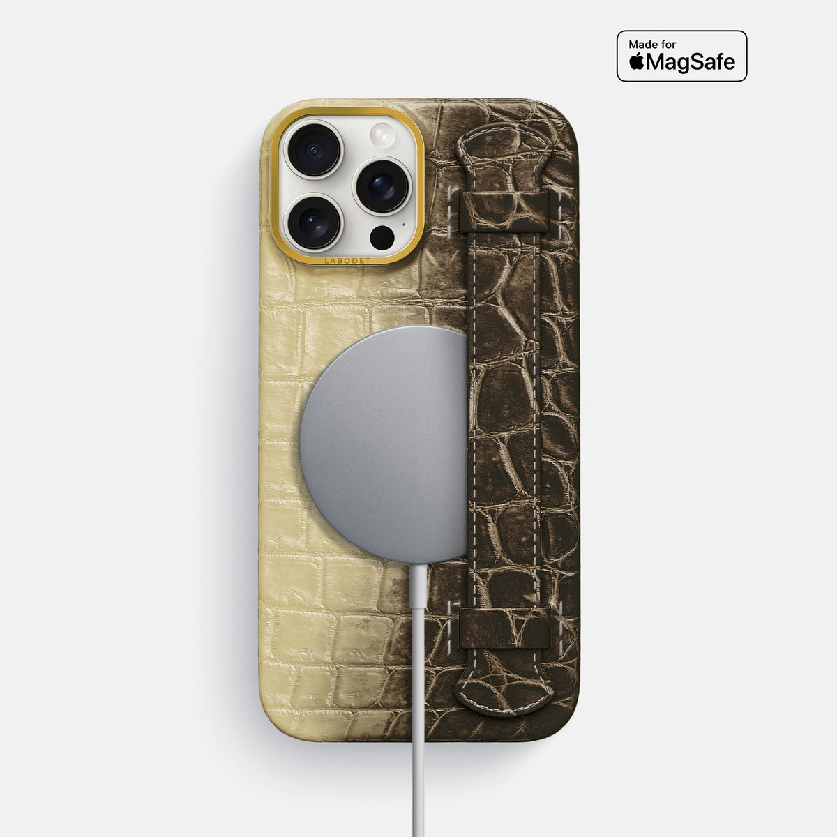 Natural iPhone 16 Pro Max Center Handle Himalayan Crocodile with Gold Metal -5 | Natural-Gold