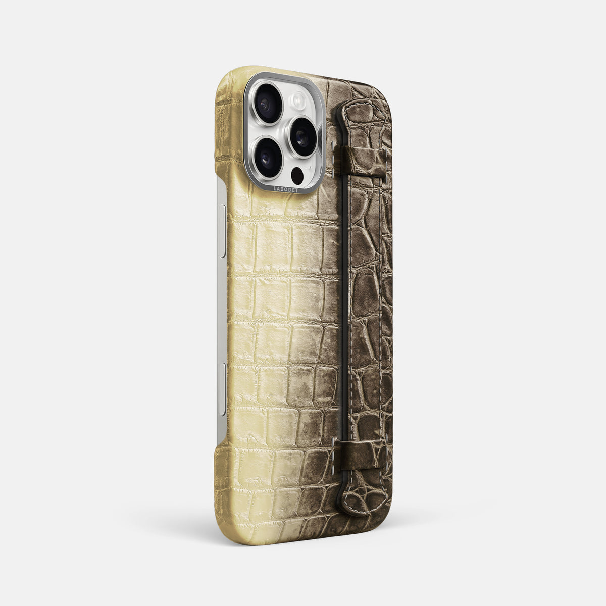 Natural iPhone 16 Pro Max Handle Case Himalayan Crocodile with Steel Metal -2 | Natural-Steel