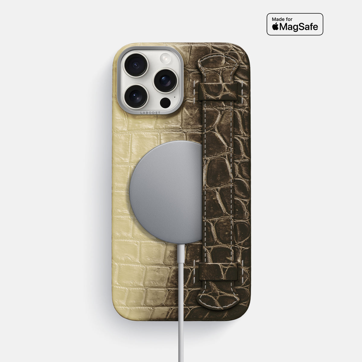 Natural iPhone 16 Pro Max Handle Case Himalayan Crocodile with Steel Metal -5 | Natural-Steel