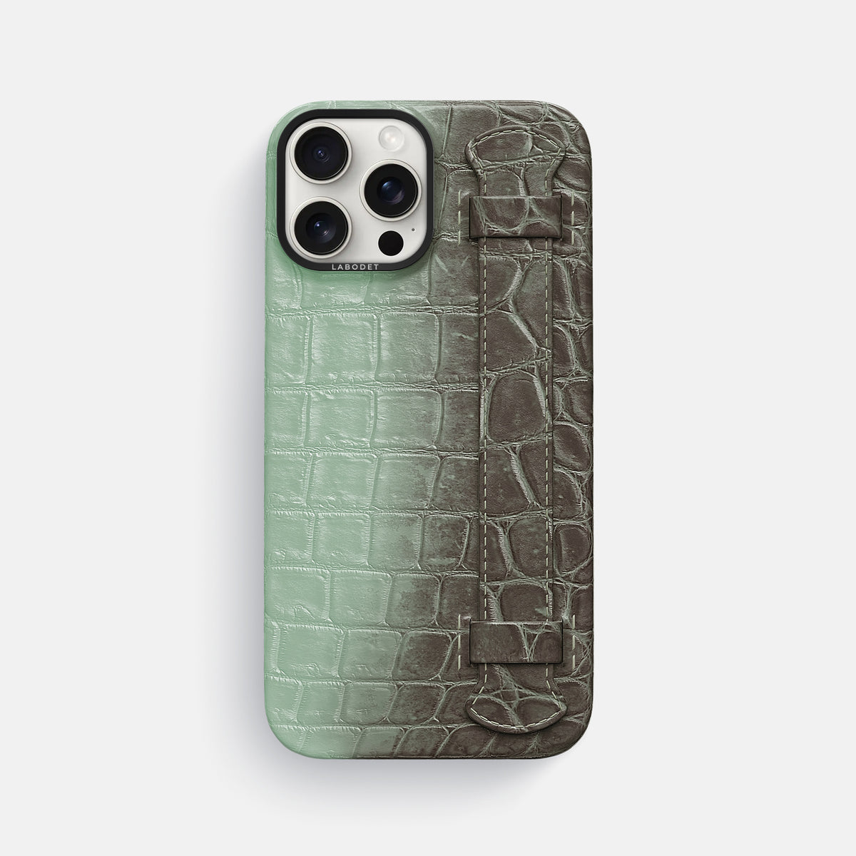 Pistachio iPhone 16 Pro Max Handle Case Himalayan Crocodile with Black Metal -1 | Pistachio-Black