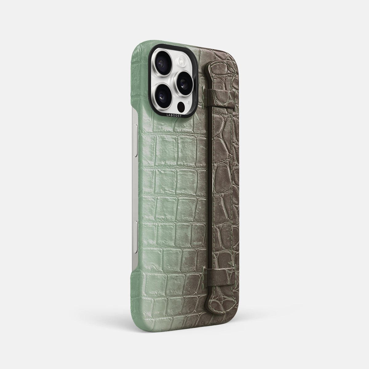 Pistachio iPhone 16 Pro Max Handle Case Himalayan Crocodile with Black Metal -2 | Pistachio-Black