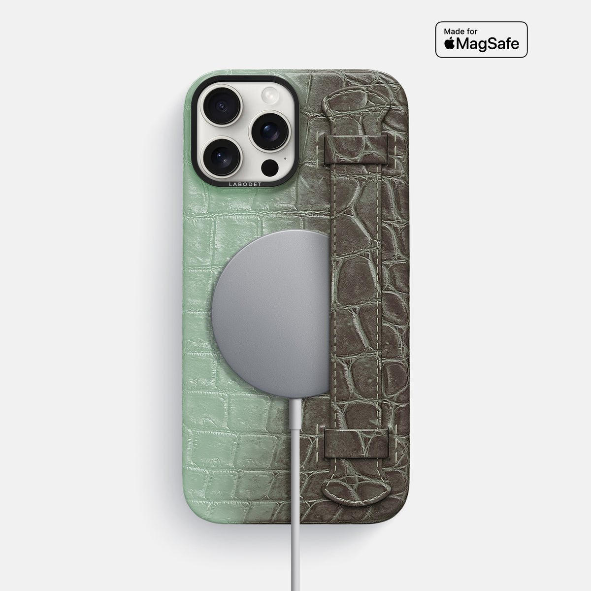 Pistachio iPhone 16 Pro Max Handle Case Himalayan Crocodile with Black Metal -5 | Pistachio-Black