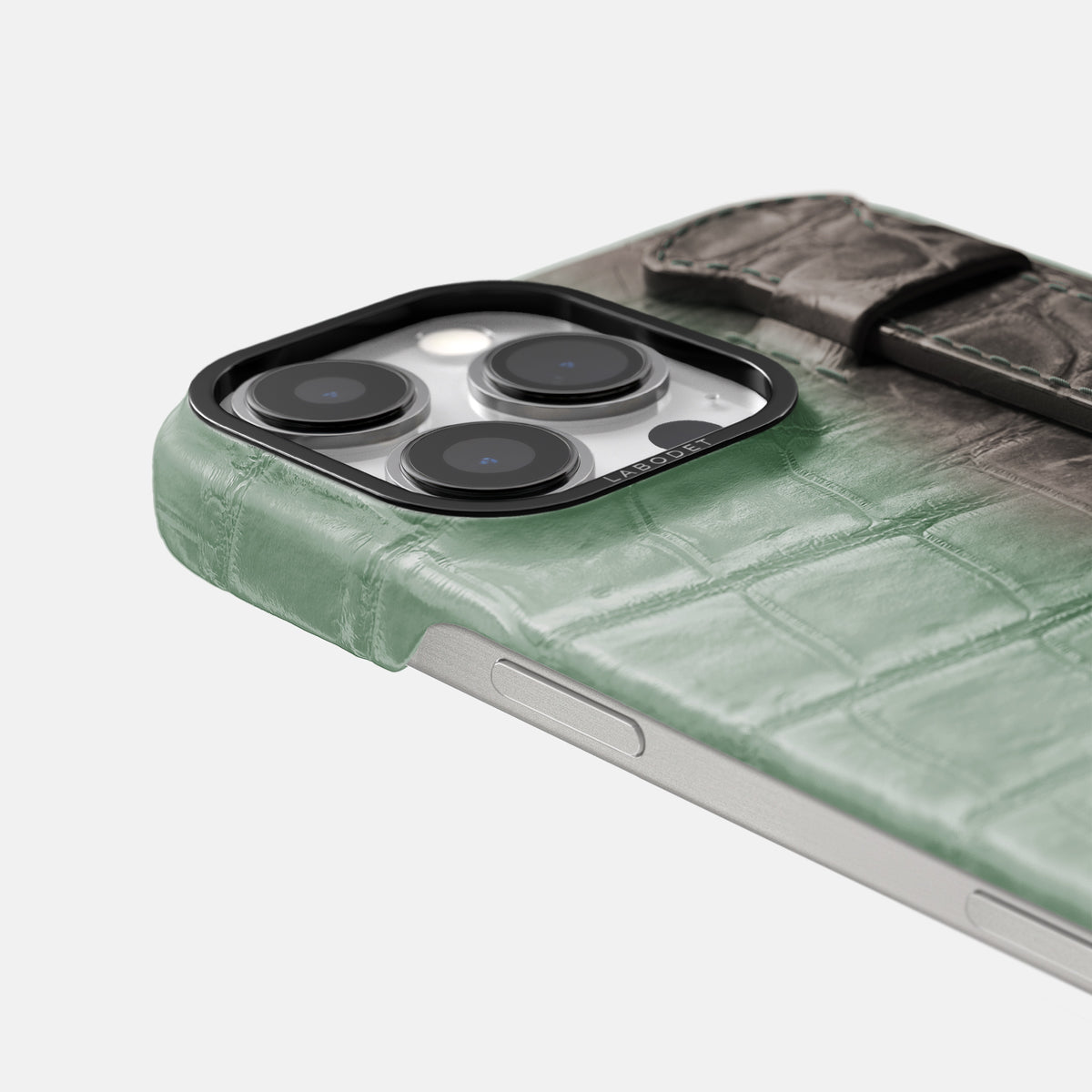Pistachio iPhone 16 Pro Max Handle Case Himalayan Crocodile with Black Metal -6 | Pistachio-Black