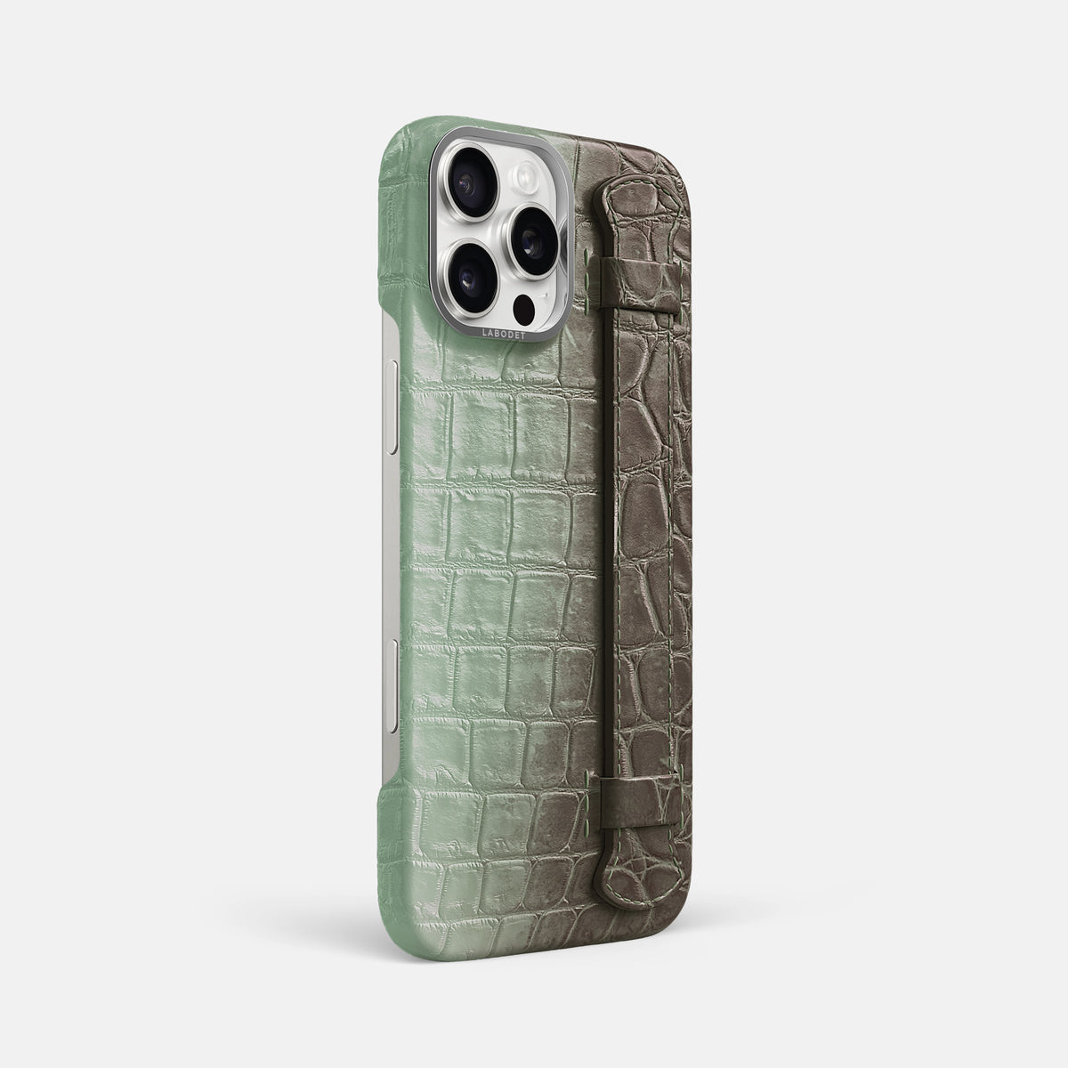 Pistachio iPhone 16 Pro Max Handle Case Himalayan Crocodile with Steel Metal -2 | Pistachio-Steel