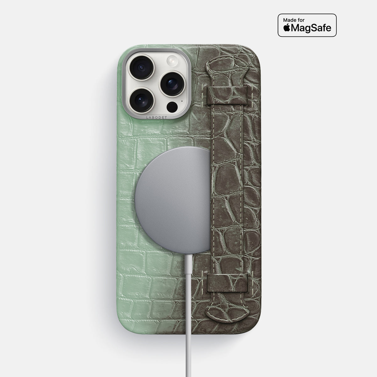 Pistachio iPhone 16 Pro Max Handle Case Himalayan Crocodile with Steel Metal -5 | Pistachio-Steel