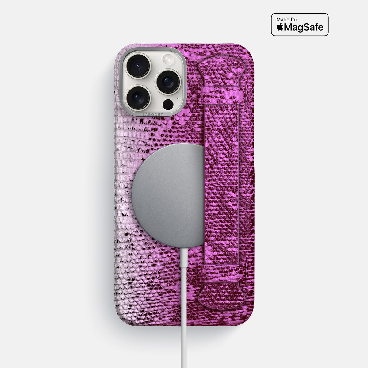 Fuchsia iPhone 16 Pro Max Himalayan Lizard Handle Case with Steel Metal -5 | Fuchsia-Steel