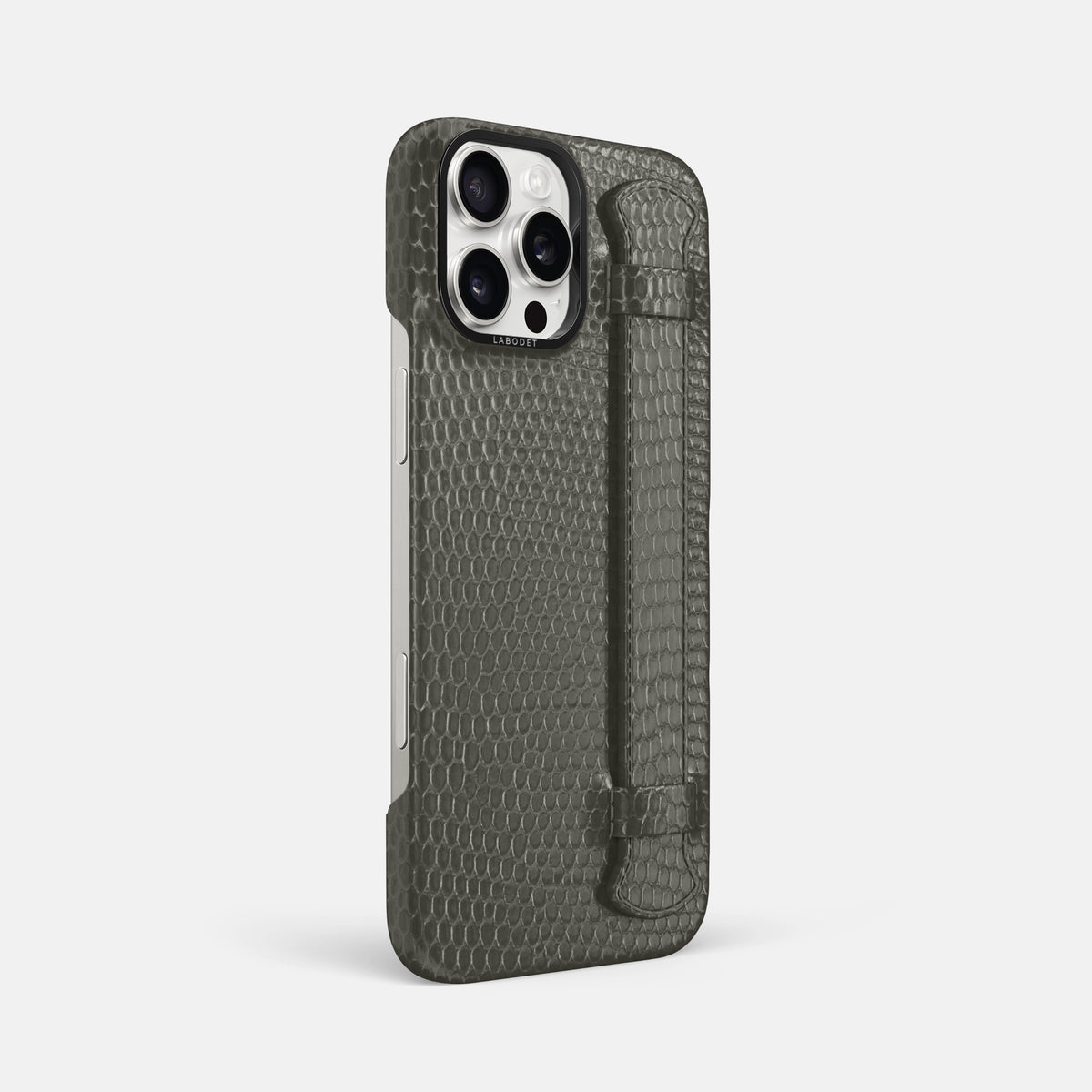 Grey iPhone 16 Pro Max Handle Case Lizard with Black Metal -2 | Grey-Black