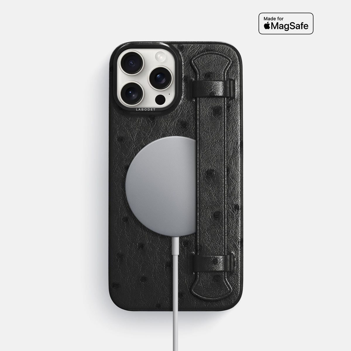 Black iPhone 16 Pro Max Handle Case Ostrich with Black Metal -5 | Black-Black