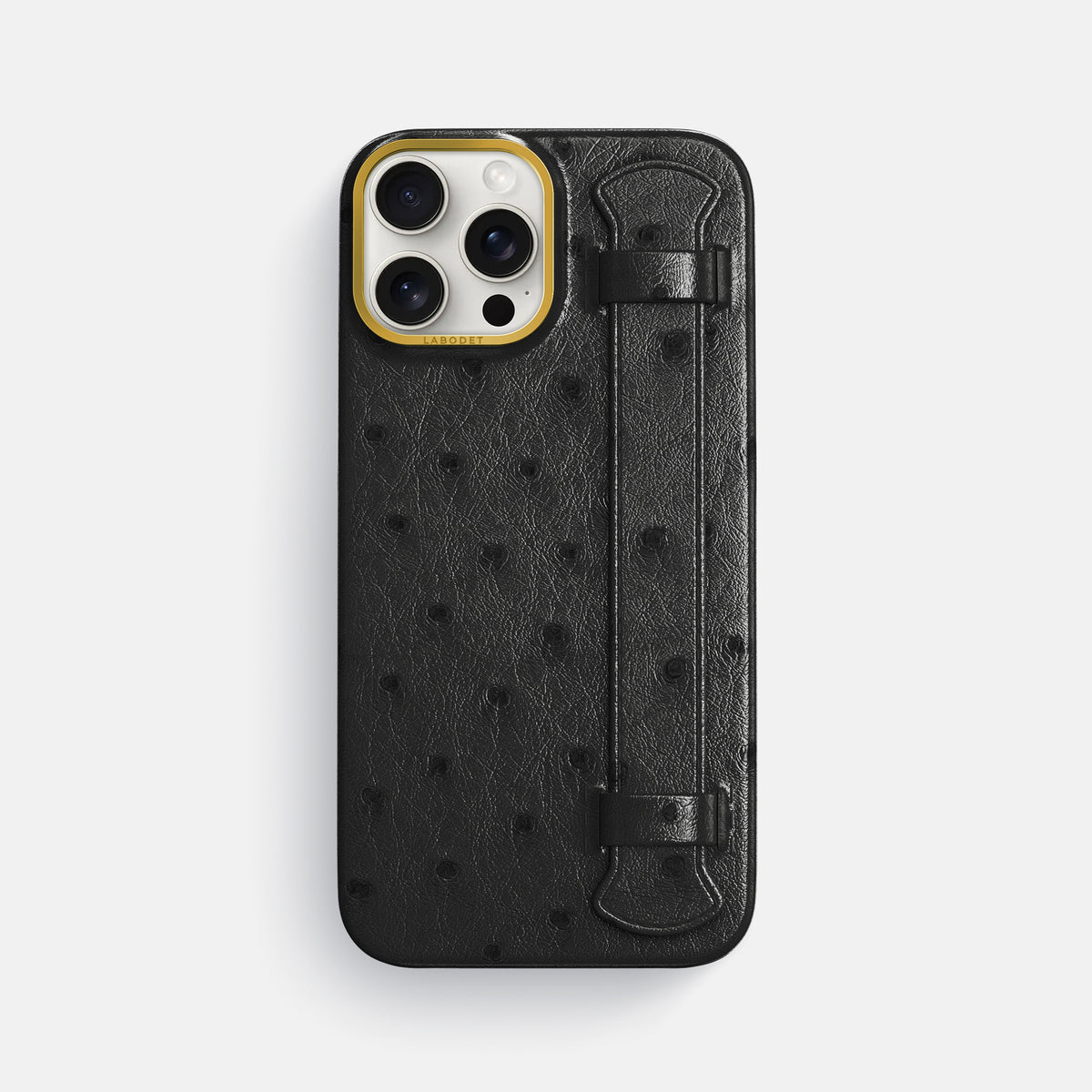 Black iPhone 16 Pro Max Handle Case Ostrich with Gold Metal -1 | Black-Gold
