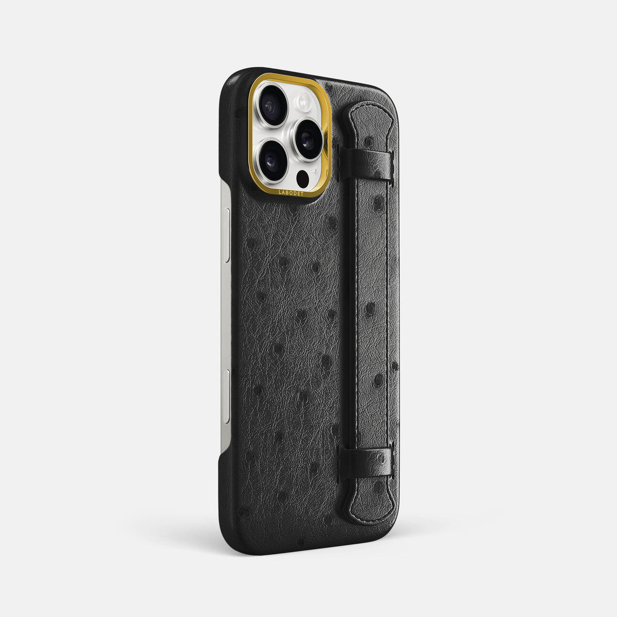 Black iPhone 16 Pro Max Handle Case Ostrich with Gold Metal -2 | Black-Gold