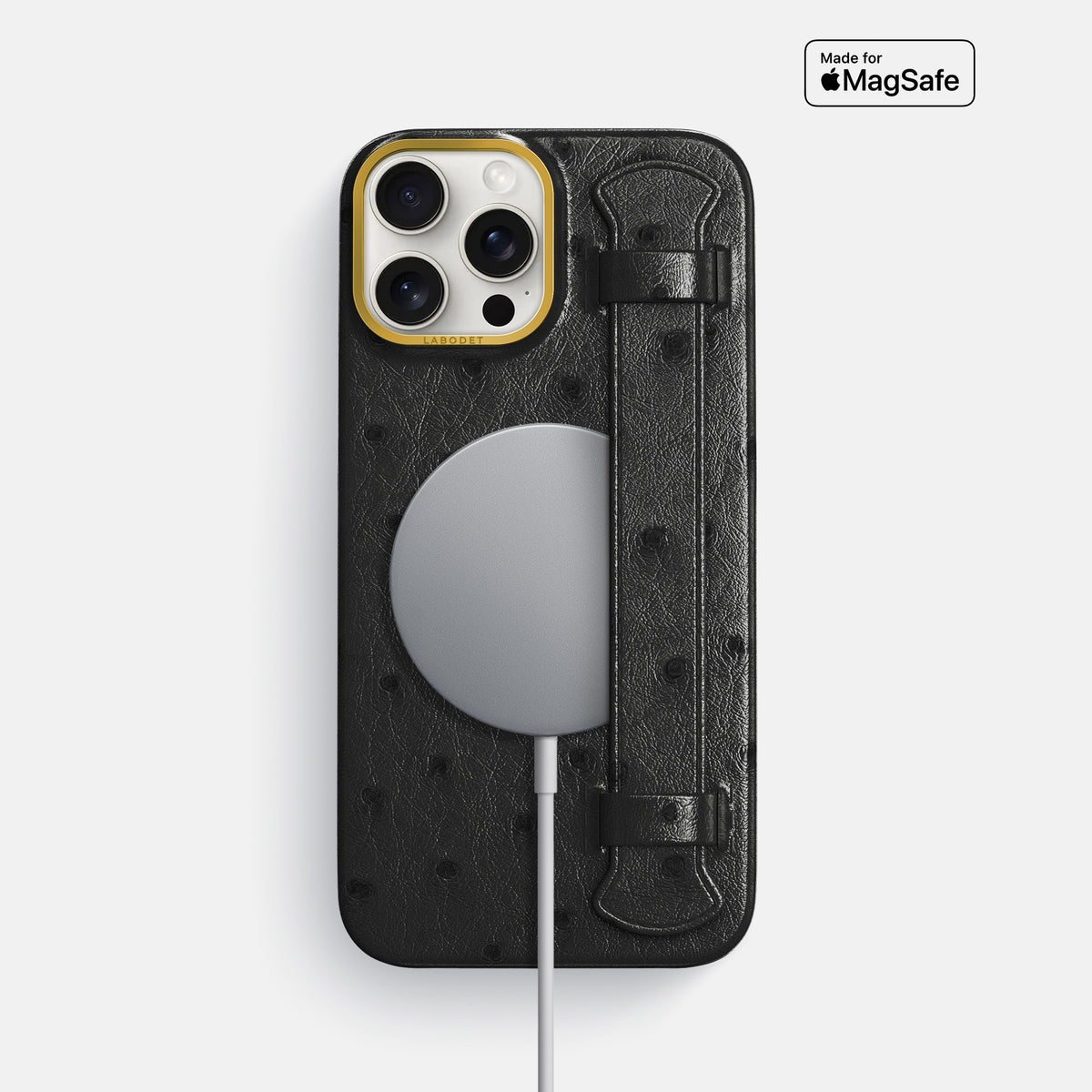 Black iPhone 16 Pro Max Handle Case Ostrich with Gold Metal -5 | Black-Gold