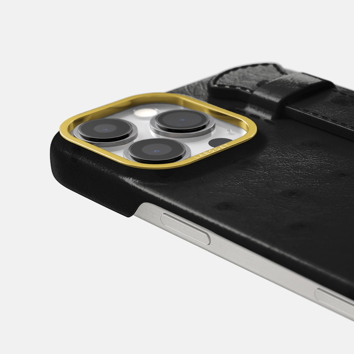 Black iPhone 16 Pro Max Handle Case Ostrich with Gold Metal -6 | Black-Gold