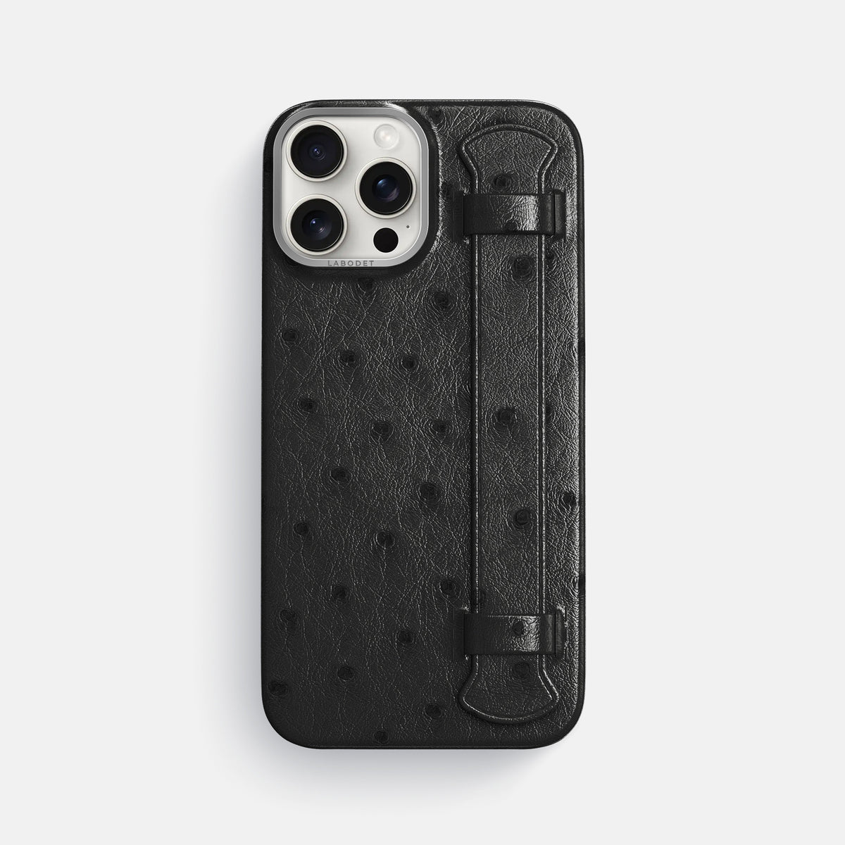 Black iPhone 16 Pro Max Handle Case Ostrich with Steel Metal -1 | Black-Steel