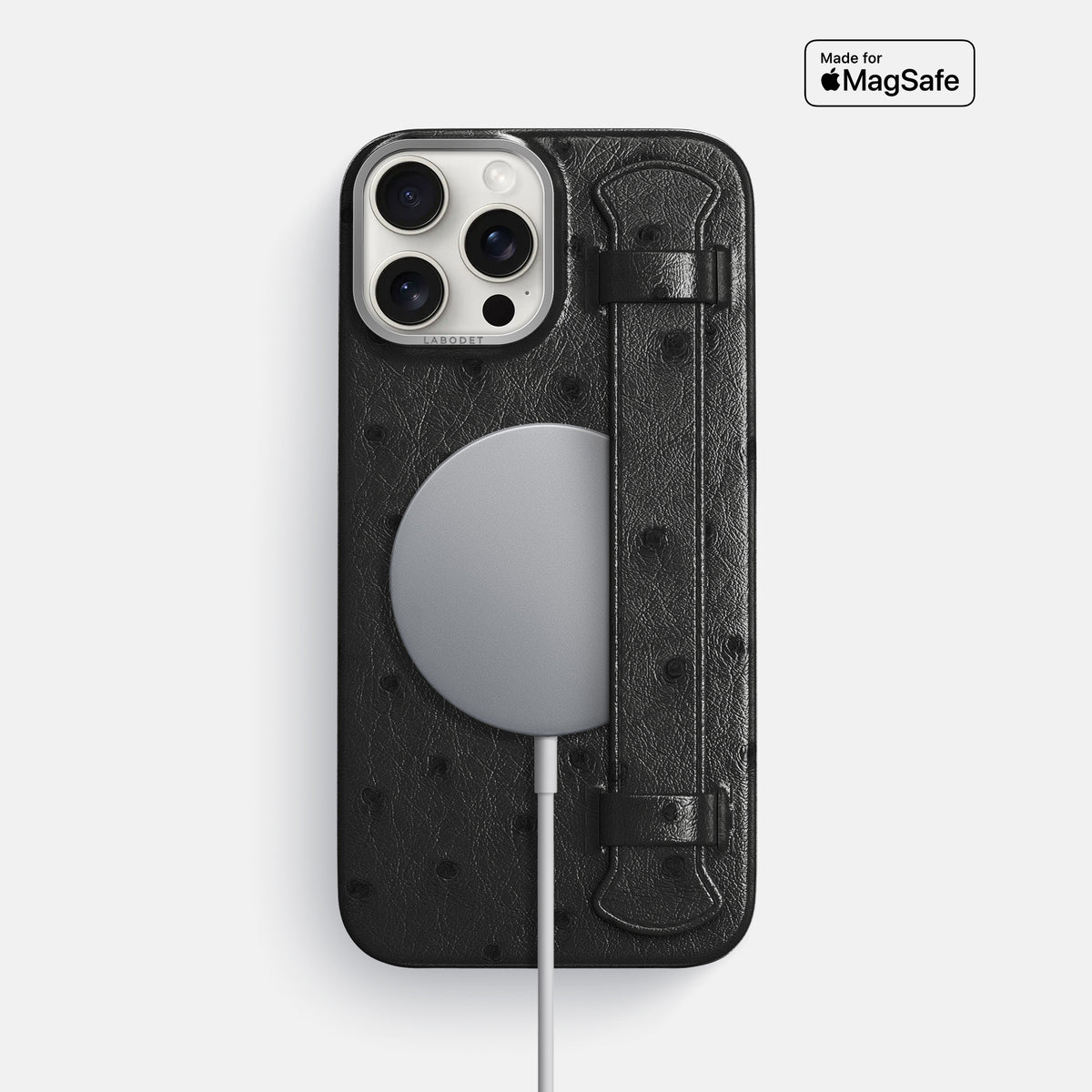 Black iPhone 16 Pro Max Handle Case Ostrich with Steel Metal -5 | Black-Steel