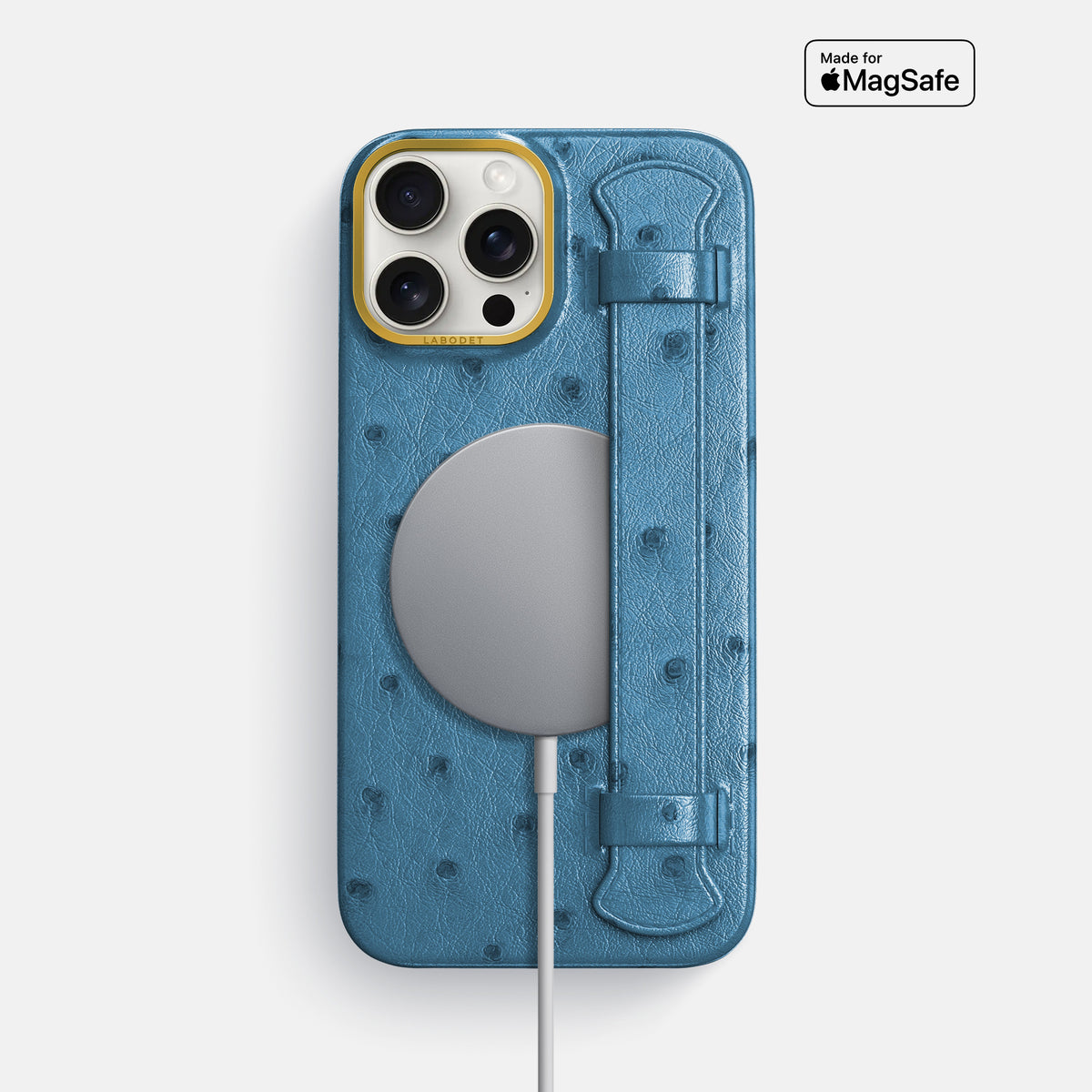Blue-Jeans iPhone 16 Pro Max Handle Case Ostrich with Gold Metal -5 | Blue-Jeans-Gold