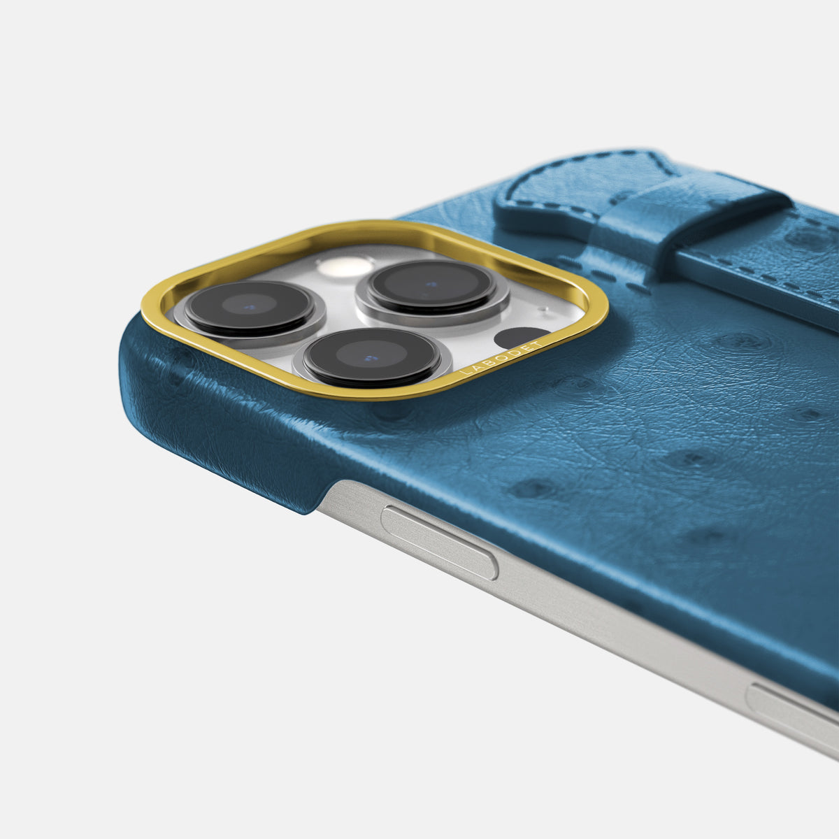 Blue-Jeans iPhone 16 Pro Max Handle Case Ostrich with Gold Metal -6 | Blue-Jeans-Gold