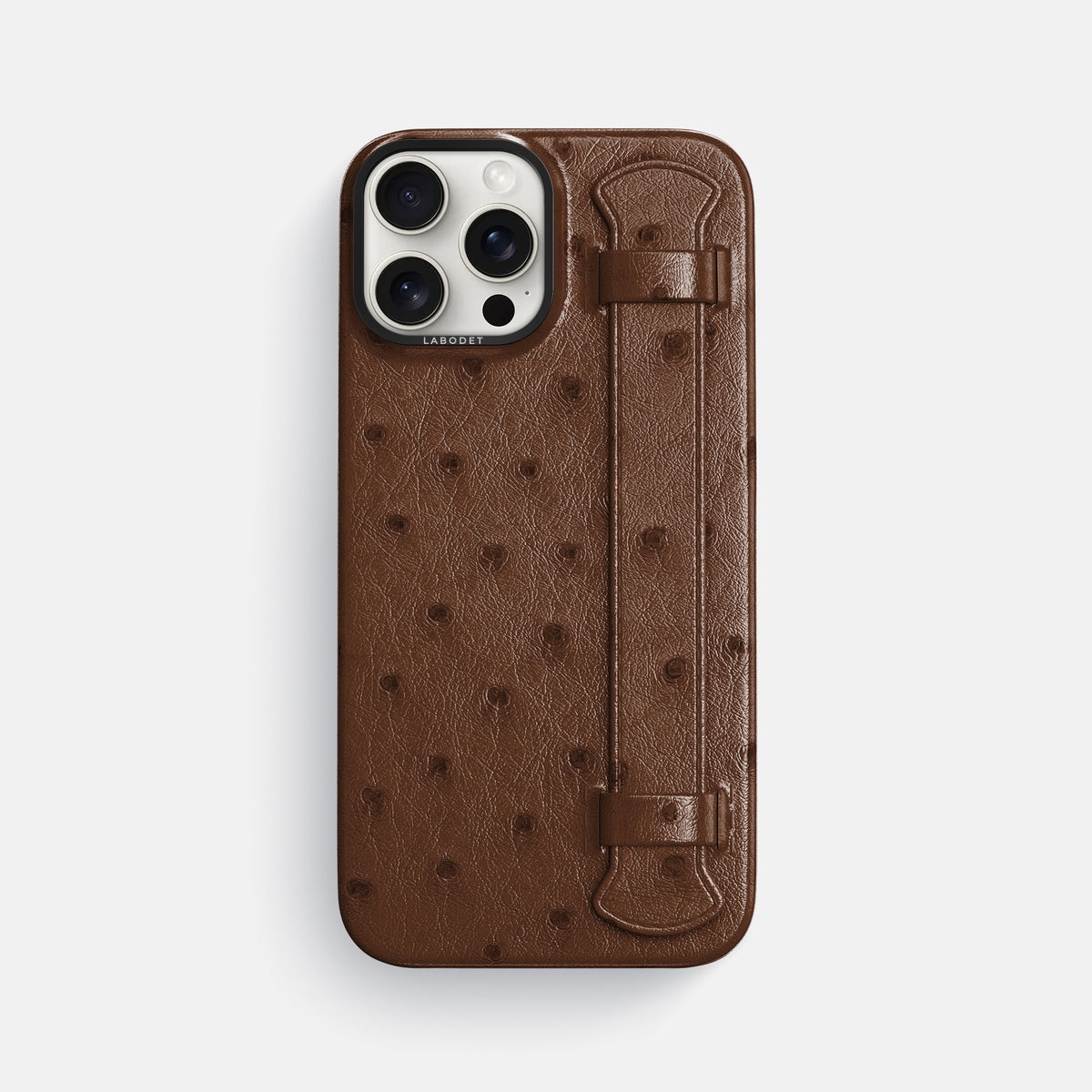 Chocolate iPhone 16 Pro Max Handle Case Ostrich with Black Metal -1 | Chocolate-Black