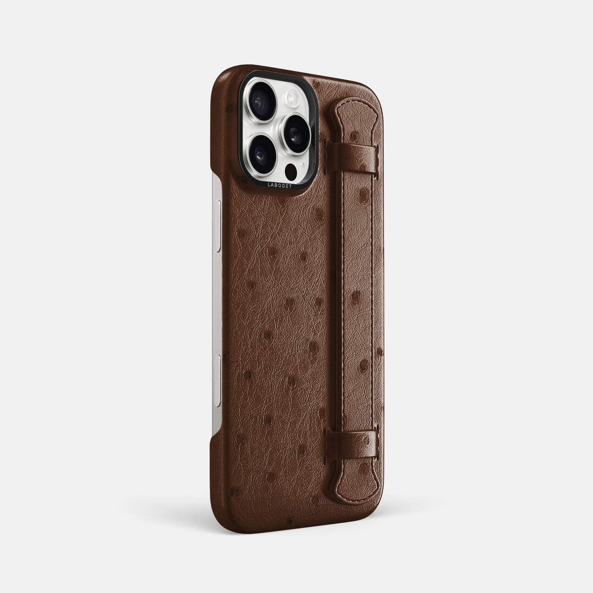 Chocolate iPhone 16 Pro Max Handle Case Ostrich with Black Metal -2 | Chocolate-Black
