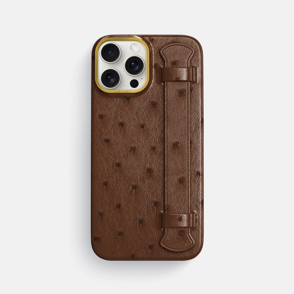 Chocolate iPhone 16 Pro Max Handle Case Ostrich with Gold Metal -1 | Chocolate-Gold