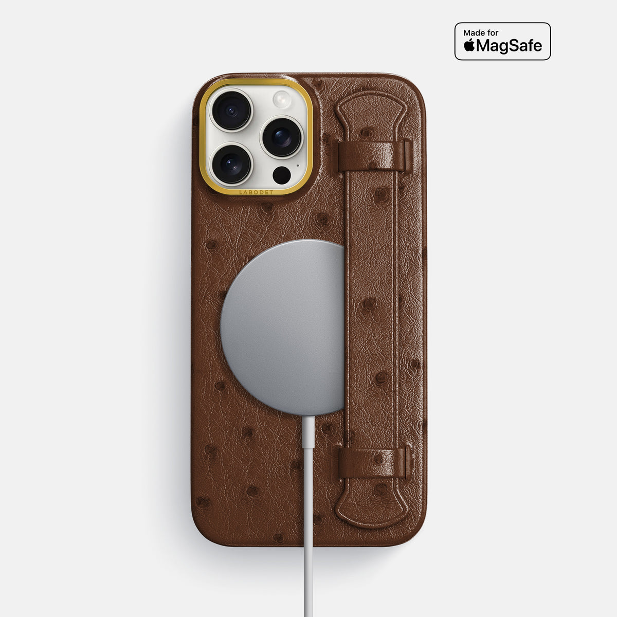 Chocolate iPhone 16 Pro Max Handle Case Ostrich with Gold Metal -5 | Chocolate-Gold