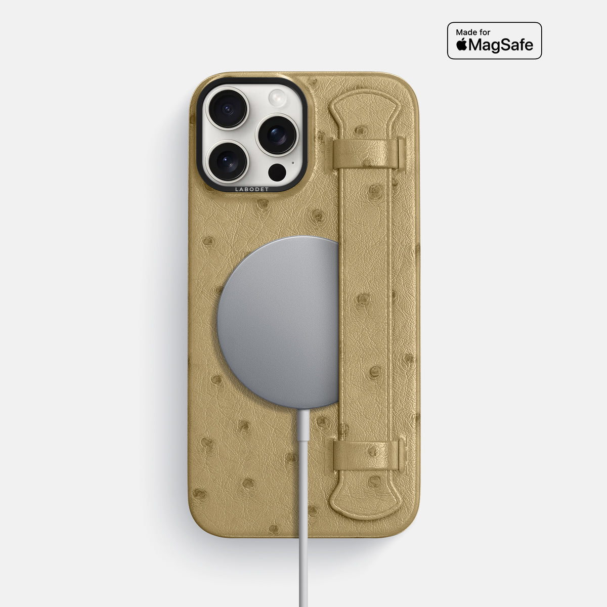 Desert-Sand iPhone 16 Pro Max Handle Case Ostrich with Black Metal -5 | Desert-Sand-Black