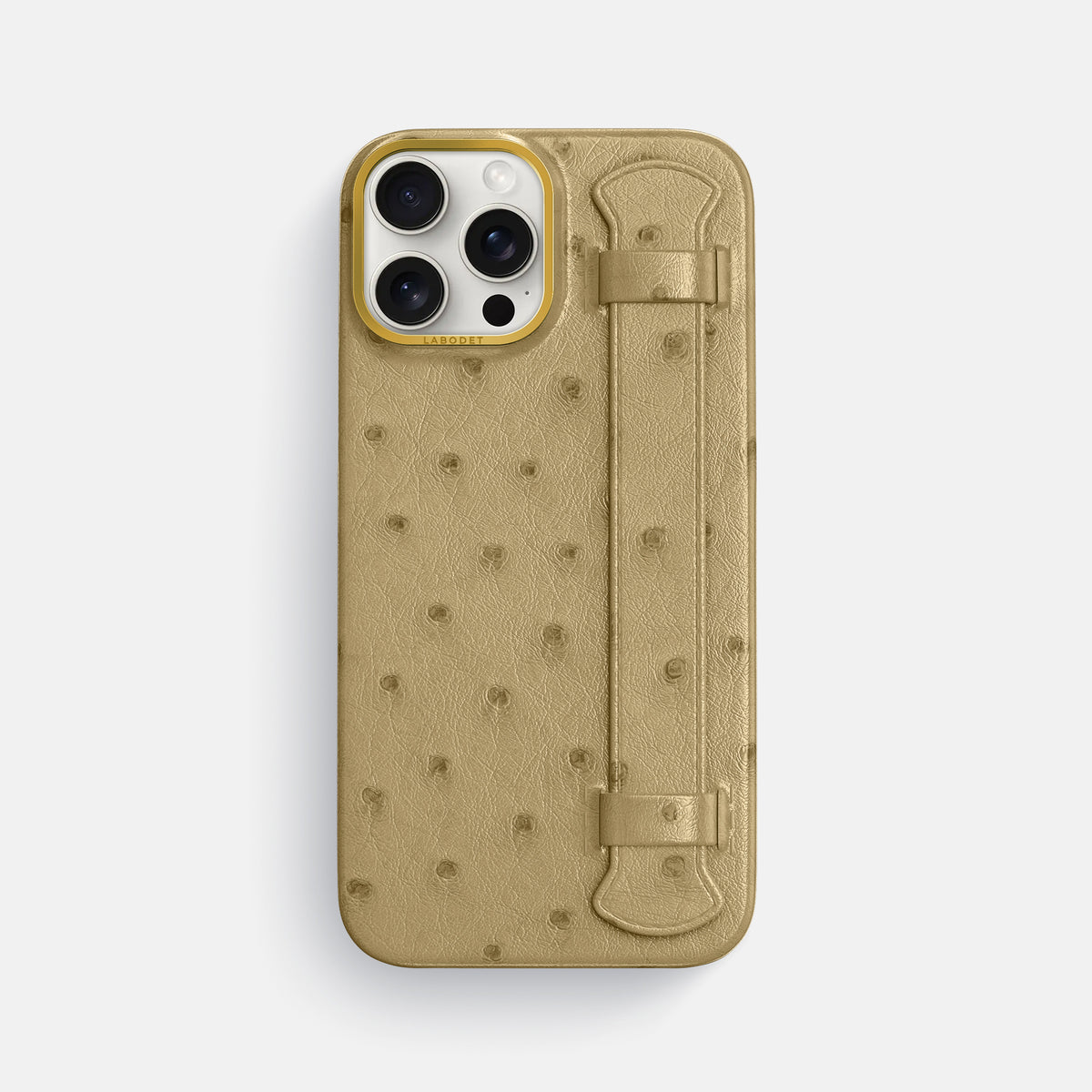 Desert-Sand iPhone 16 Pro Max Handle Case Ostrich with Gold Metal -1 | Desert-Sand-Gold