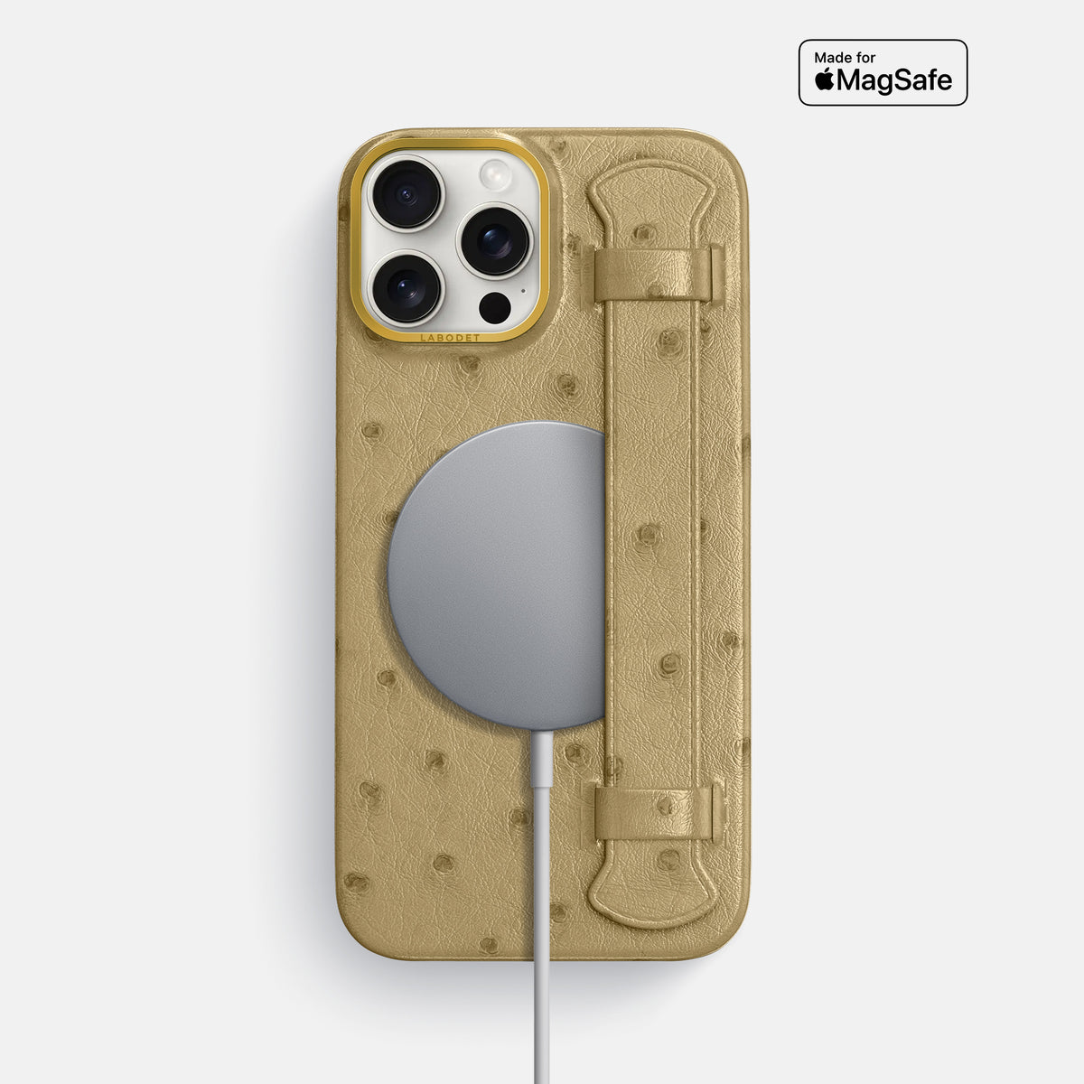 Desert-Sand iPhone 16 Pro Max Handle Case Ostrich with Gold Metal -5 | Desert-Sand-Gold