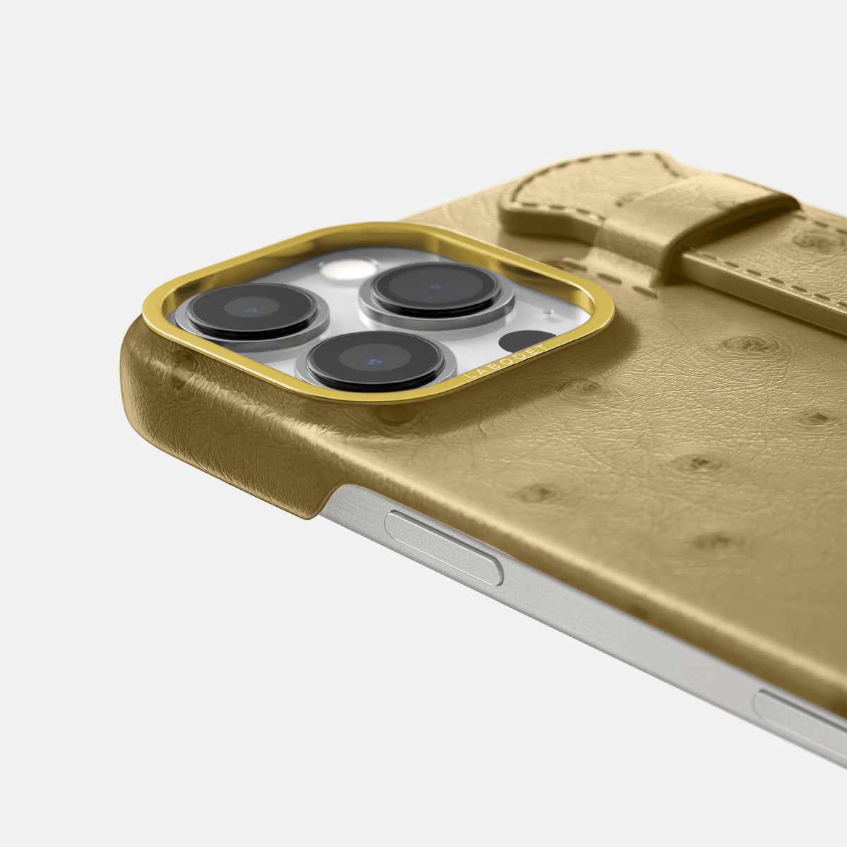 Desert-Sand iPhone 16 Pro Max Handle Case Ostrich with Gold Metal -6 | Desert-Sand-Gold