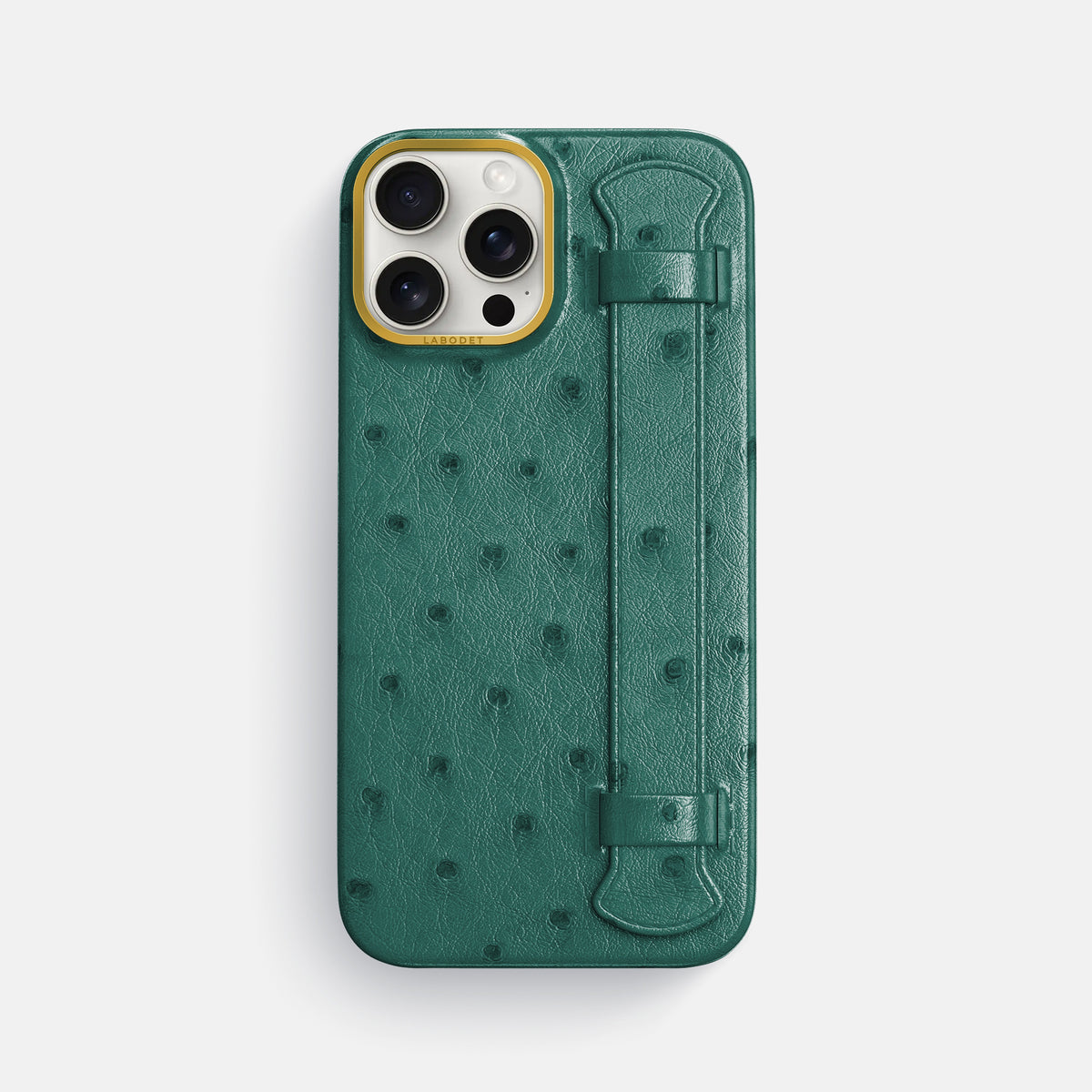 Forest-Green iPhone 16 Pro Max Handle Case Ostrich with Gold Metal -1 | Forest-Green-Gold